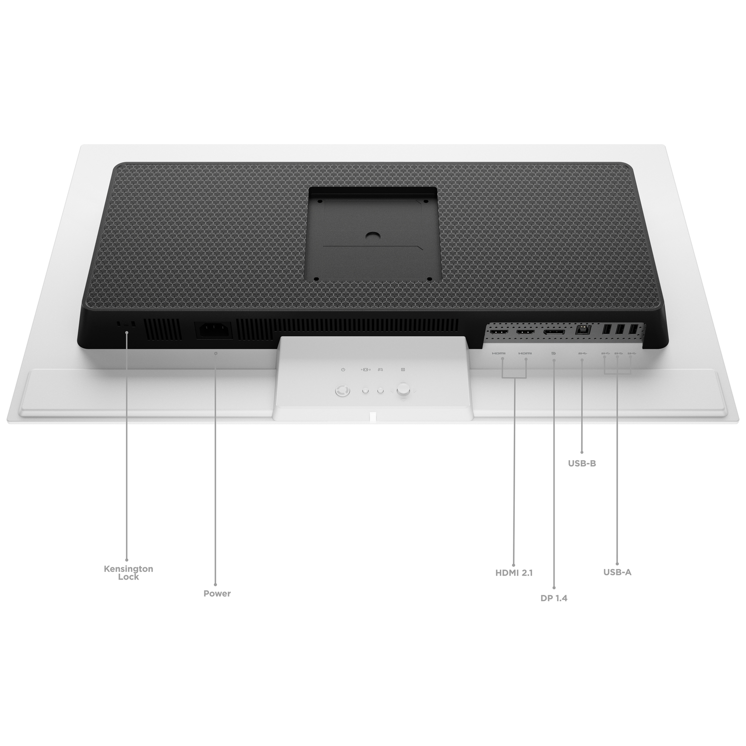Back of monitor with ports: Kensington Lock, Power, HDMI 2.1, DP 1.4, USB-B, USB-A.