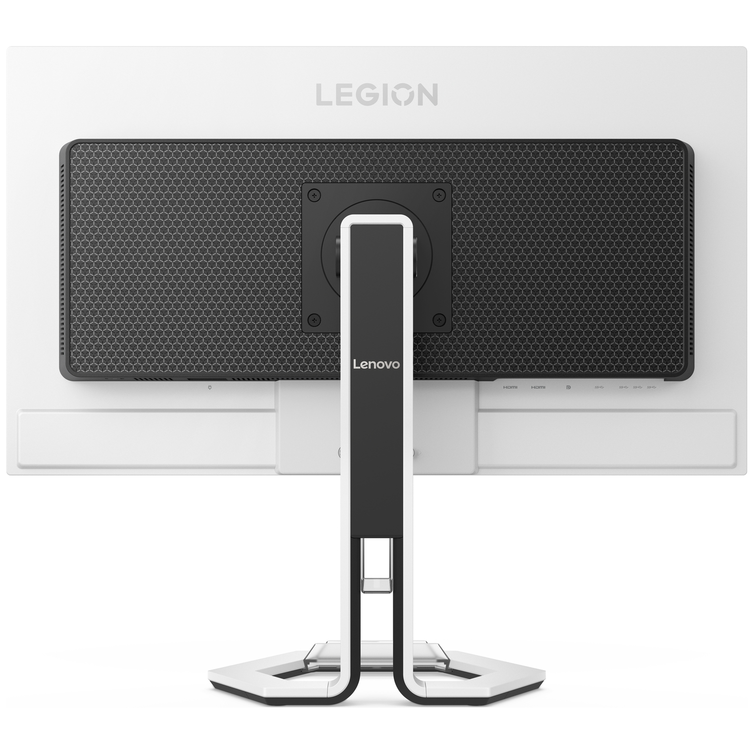 Rear view of a white Lenovo Legion monitor with a black grid pattern and ports.