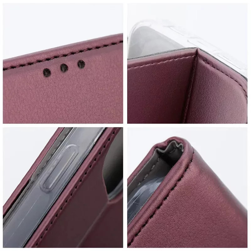 Kérék a bordó burgundy bőr telefontok részleteiről, varrással.