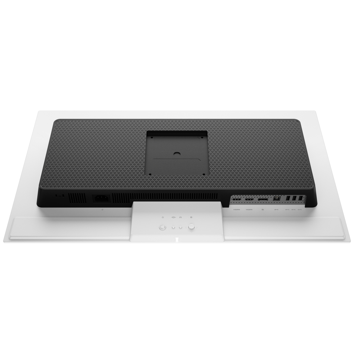 The back of a white monitor with black ventilation grilles and ports.