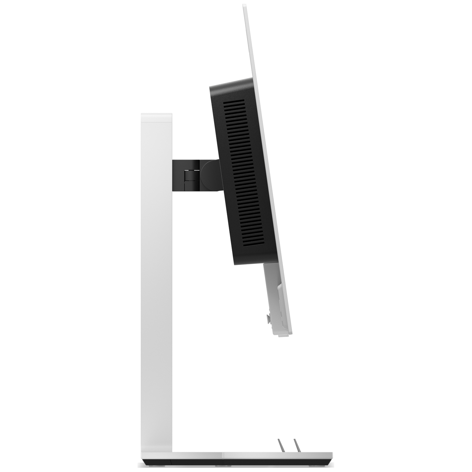 Side view of a white monitor with a black bezel on a white background.
