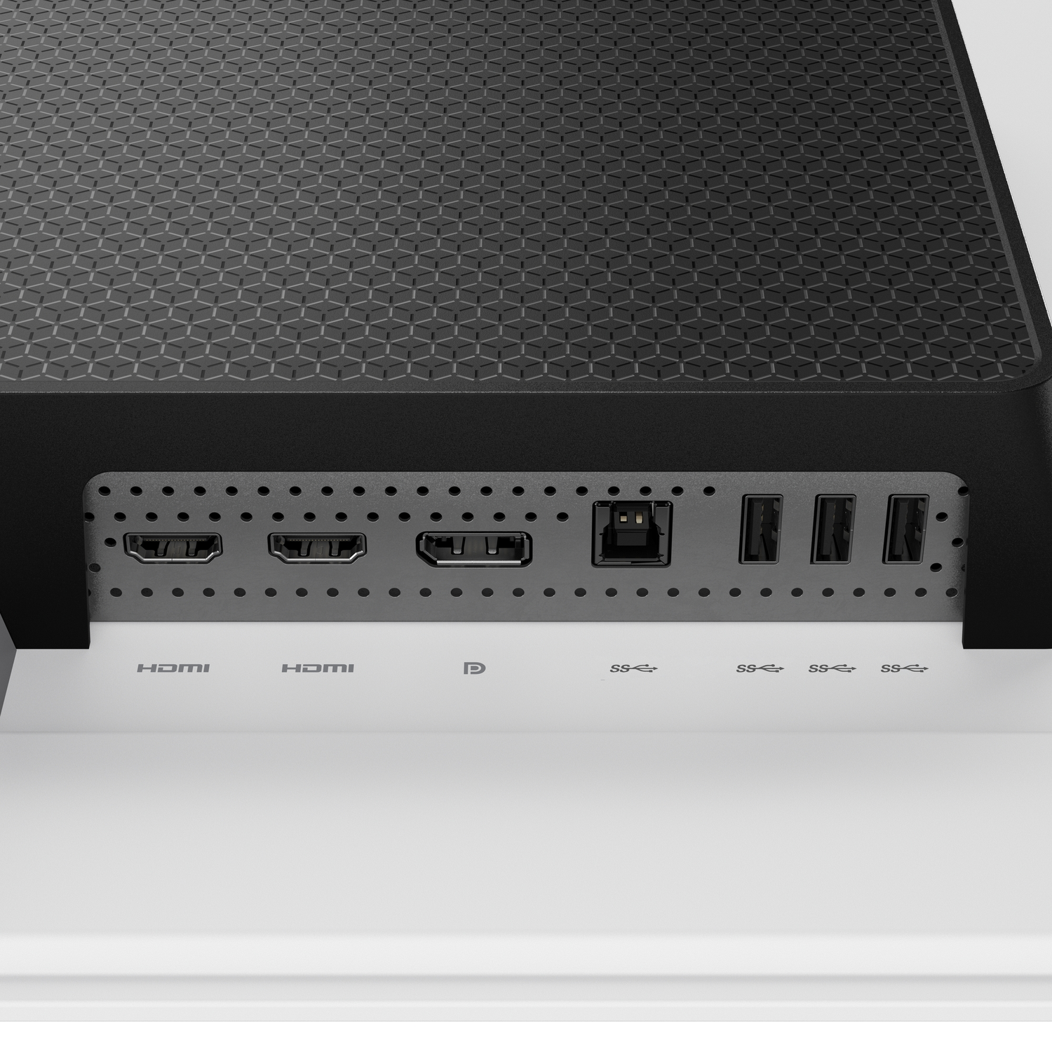 Back of a black device showing ports: 2 HDMI, 1 USB-C, 4 USB-A.