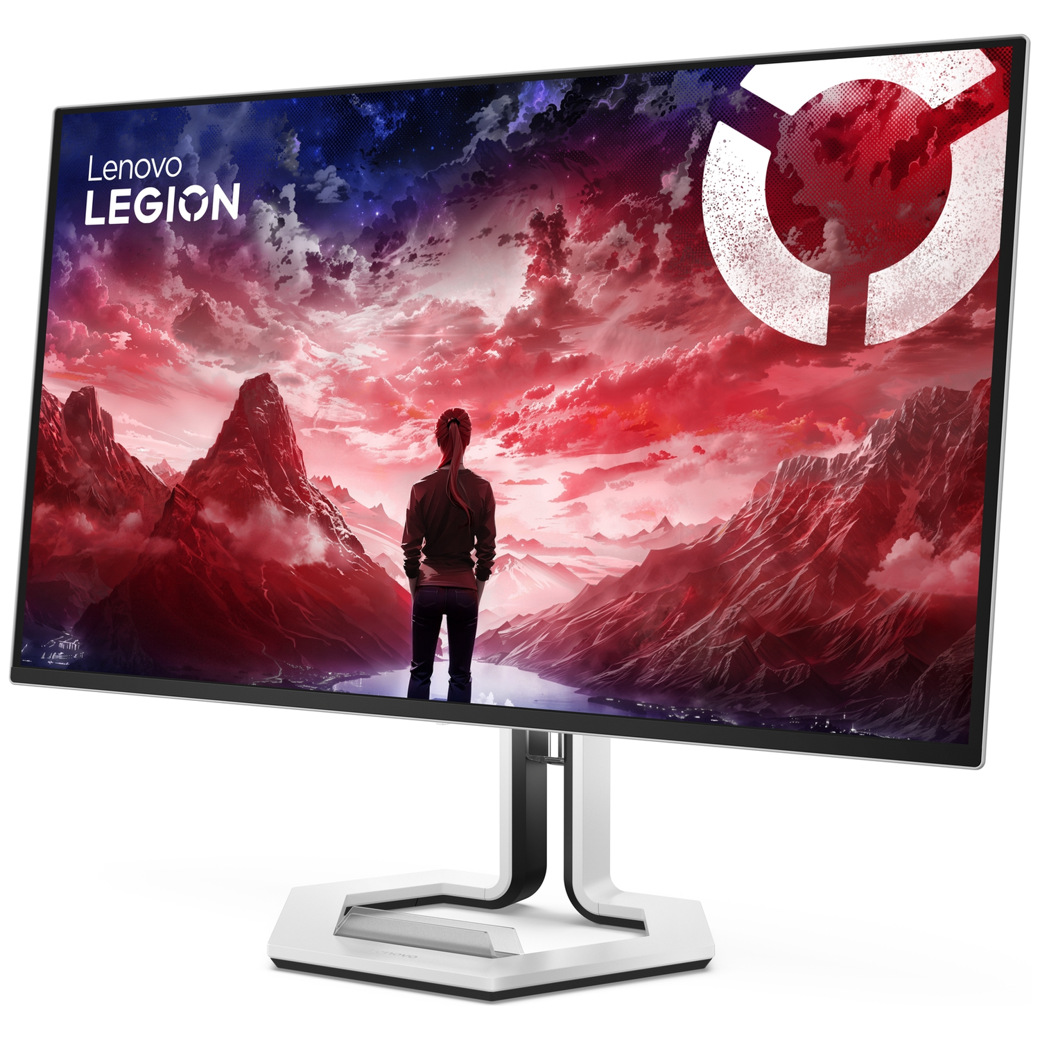 A man stands before a monitor displaying a landscape with red mountains and a starry sky.