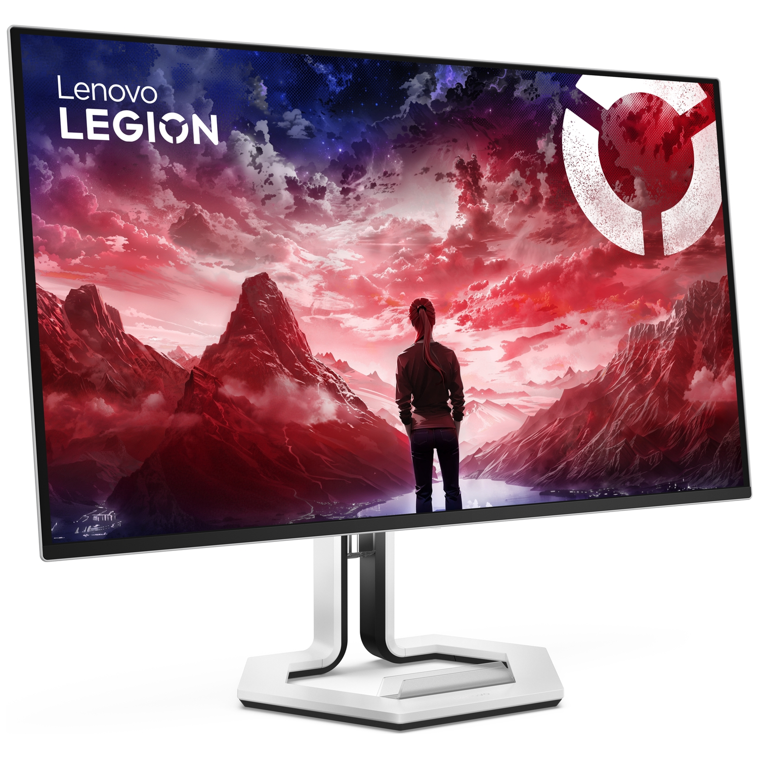 A man gazes at a mountain landscape with a red sky and the Lenovo Legion logo.