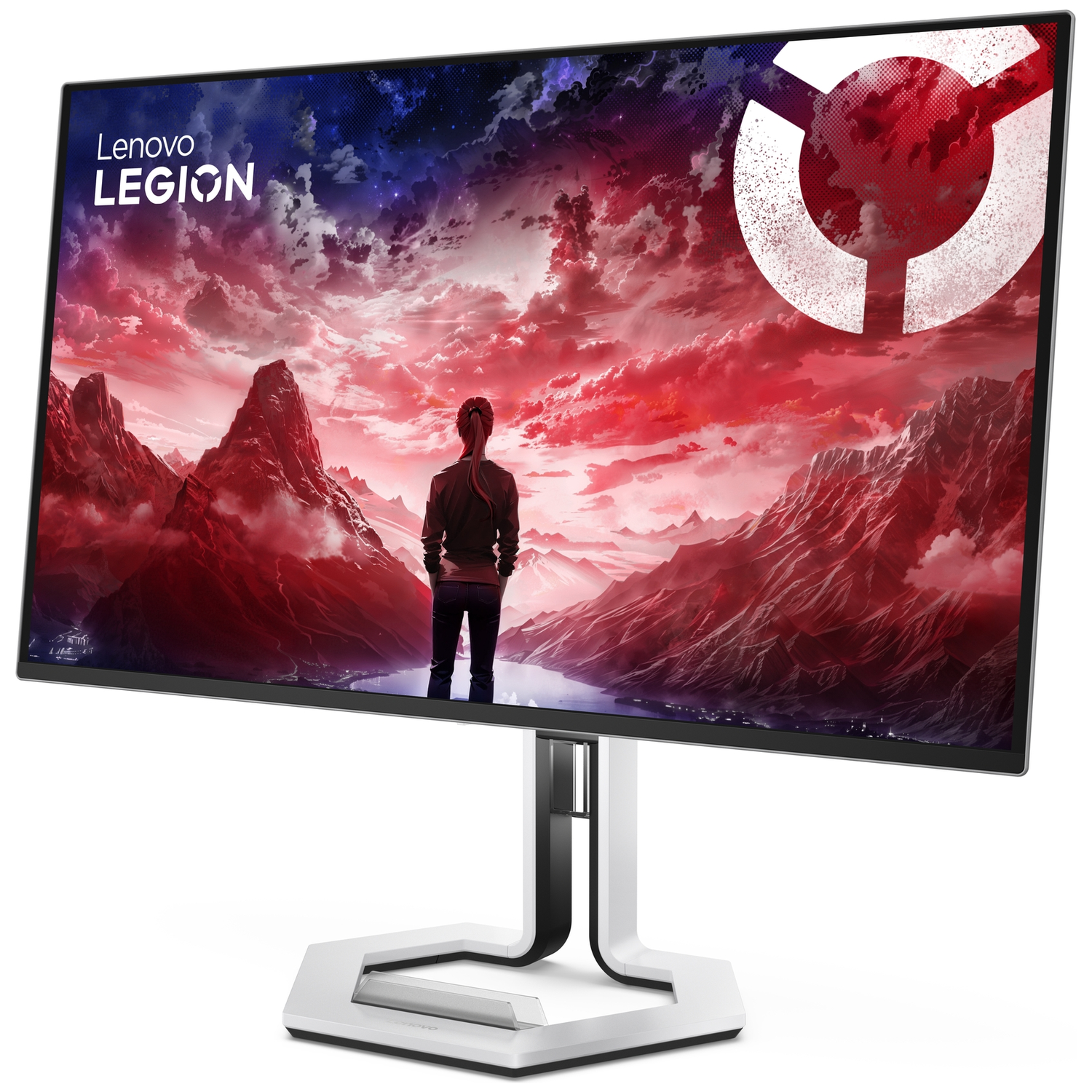 Lenovo Legion monitor displays a person facing a dramatic red and blue mountain landscape.