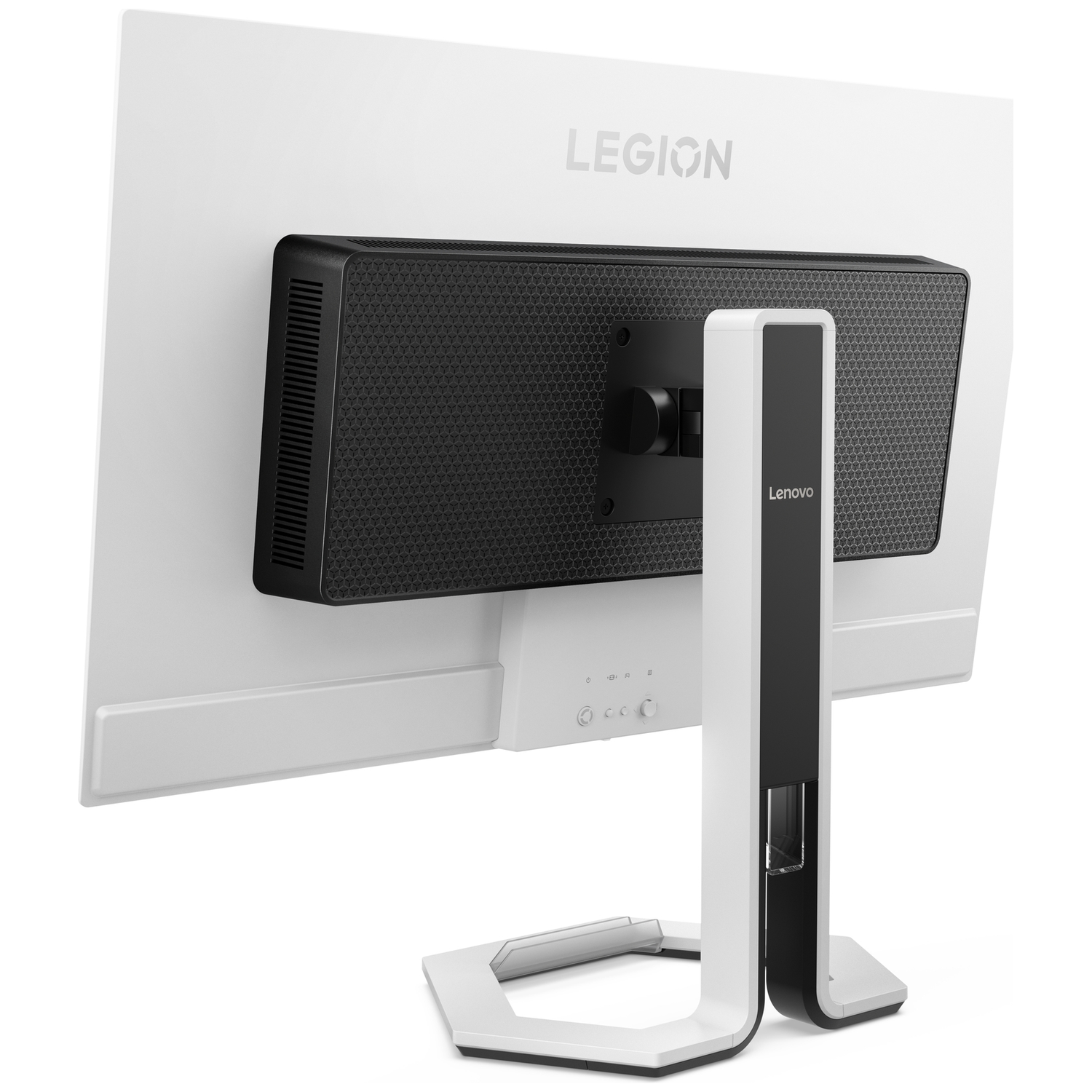 Back of a white Lenovo Legion monitor with black honeycomb grille and white stand.