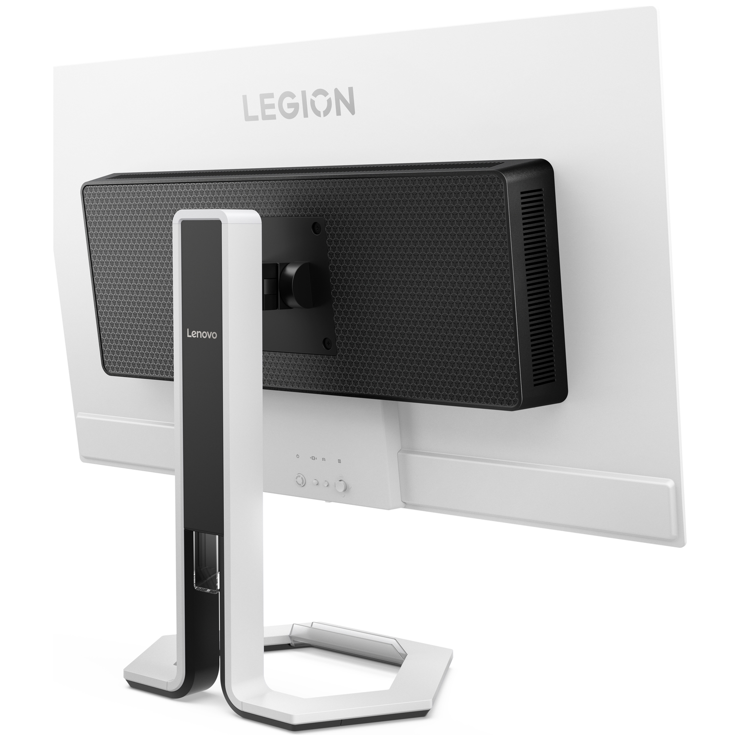 Back of a white Lenovo Legion monitor with black honeycomb pattern panel.