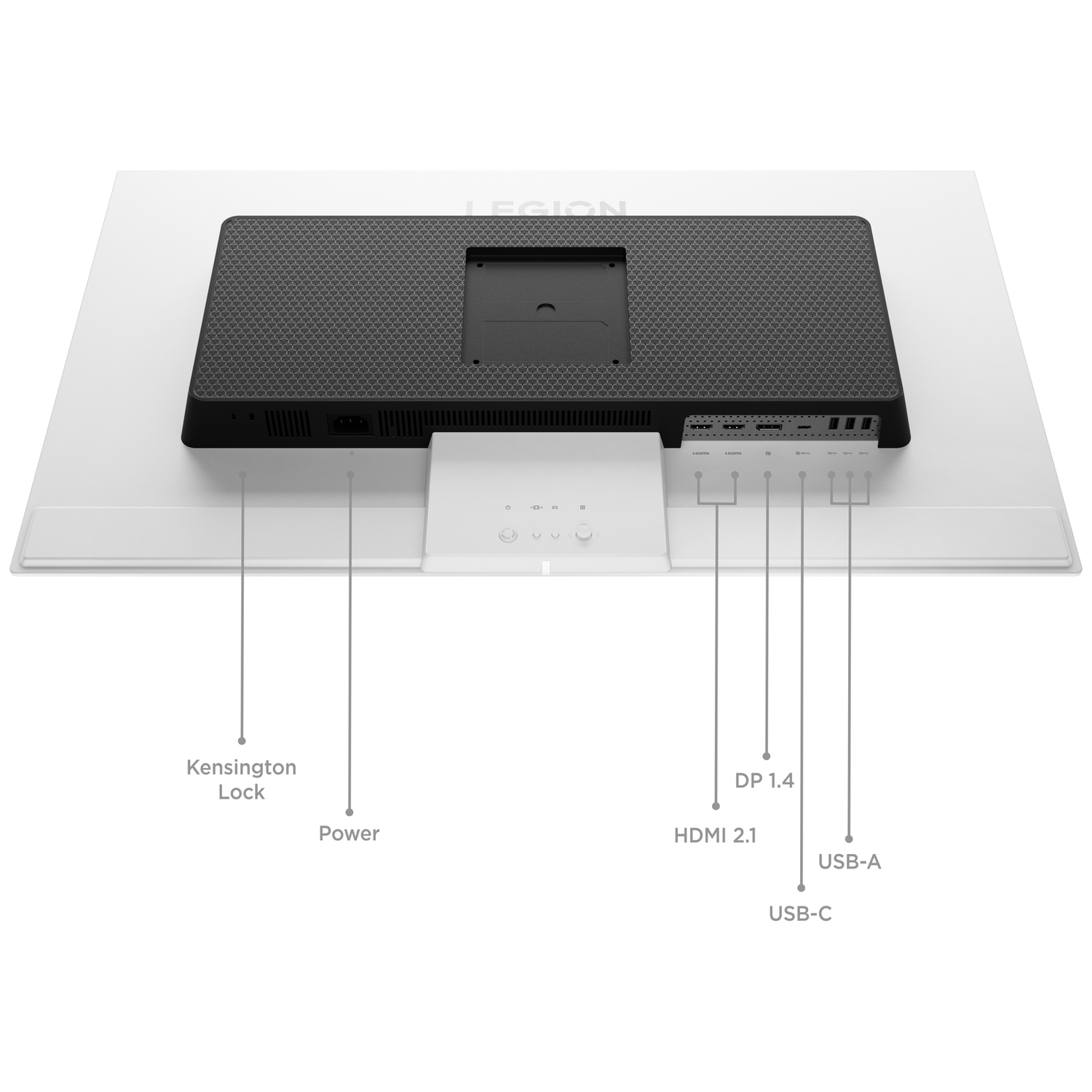 Back of a monitor showing ports: Kensington Lock, Power, HDMI 2.1, DP 1.4, USB-A, USB-C.