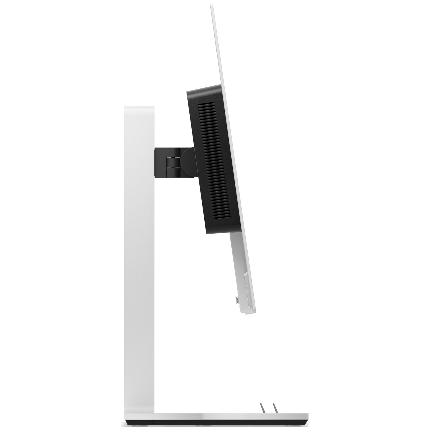A white monitor stands on a white base with a black mount.