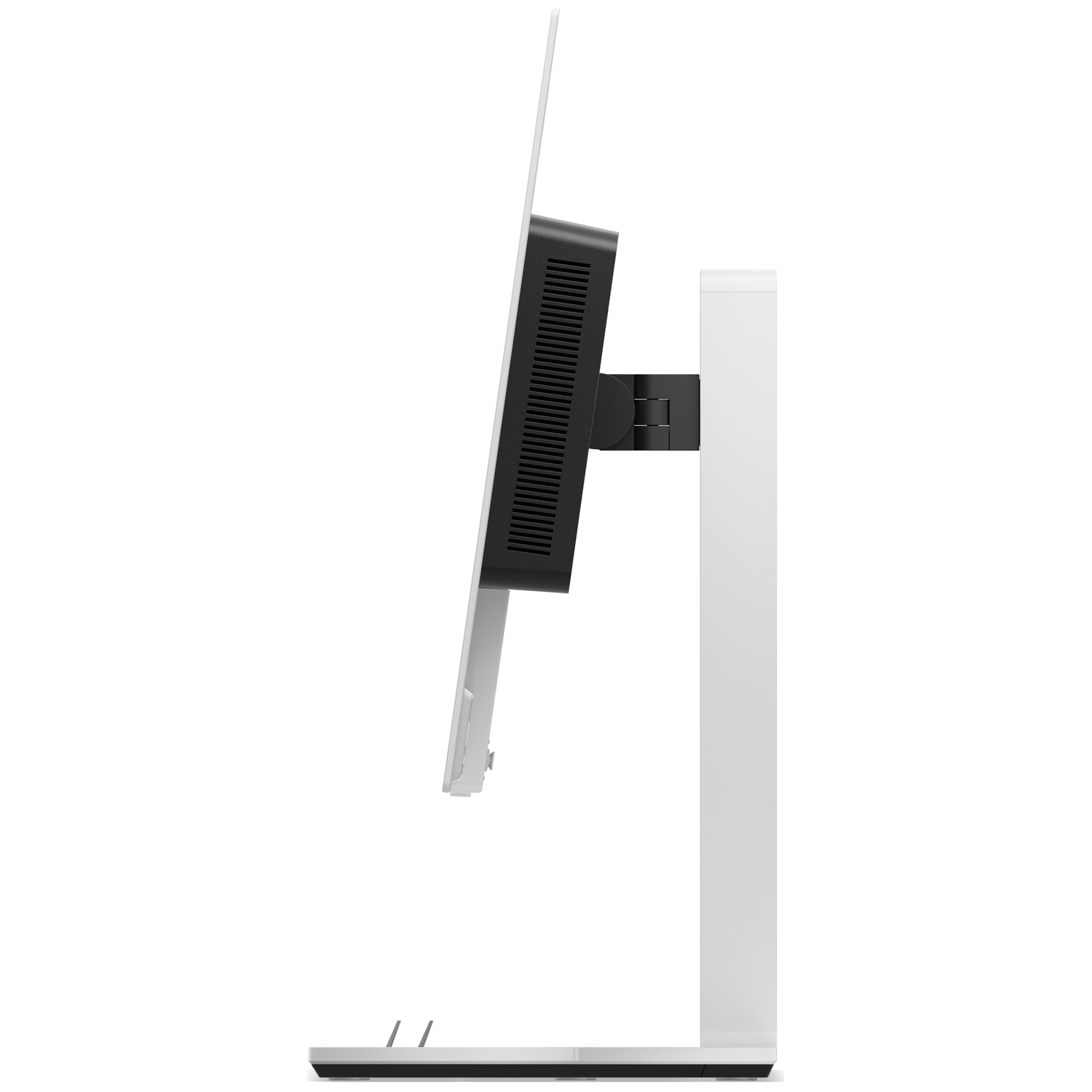 A black monitor with a silver stand on a white background.