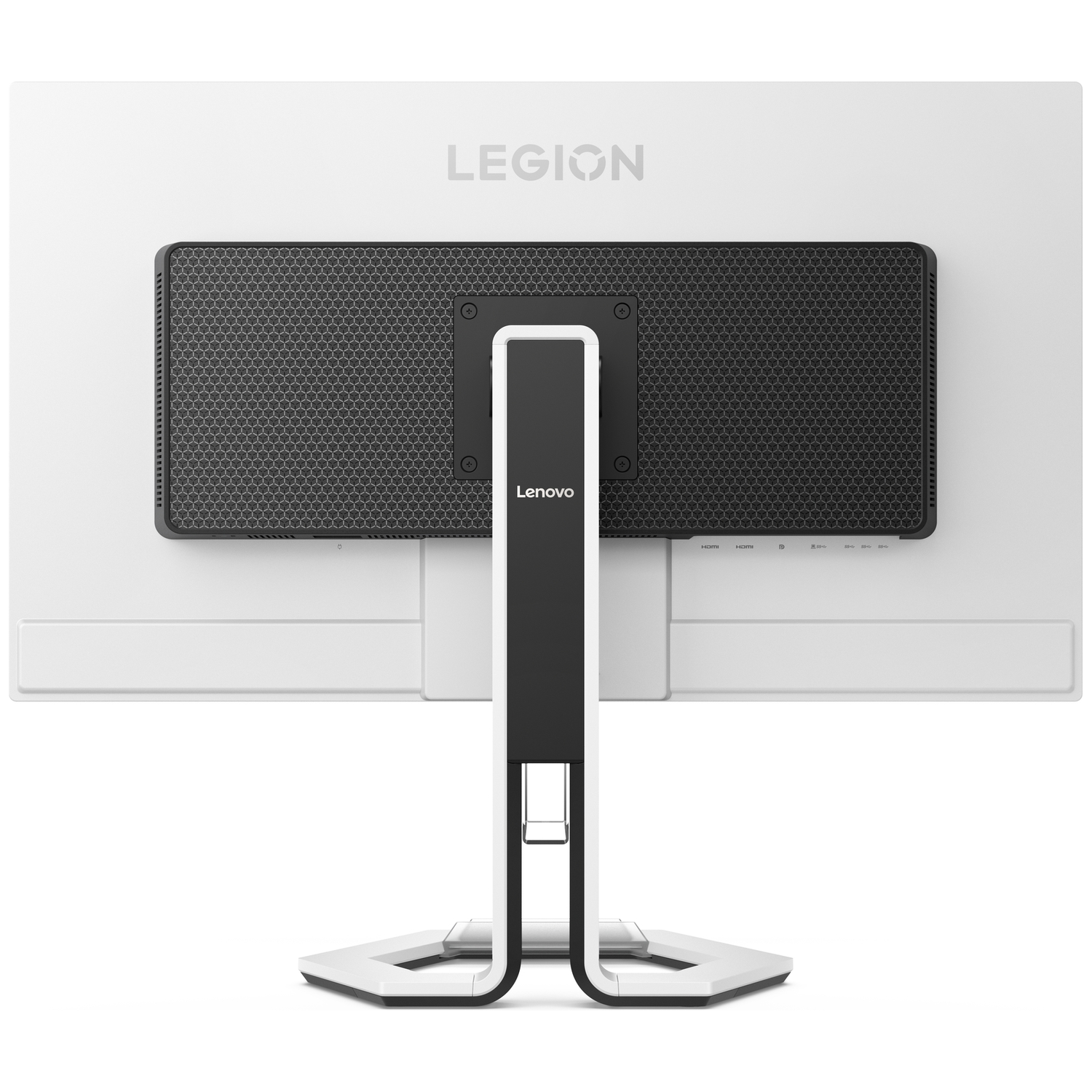 Back of a white Lenovo Legion monitor with black honeycomb pattern and ports.