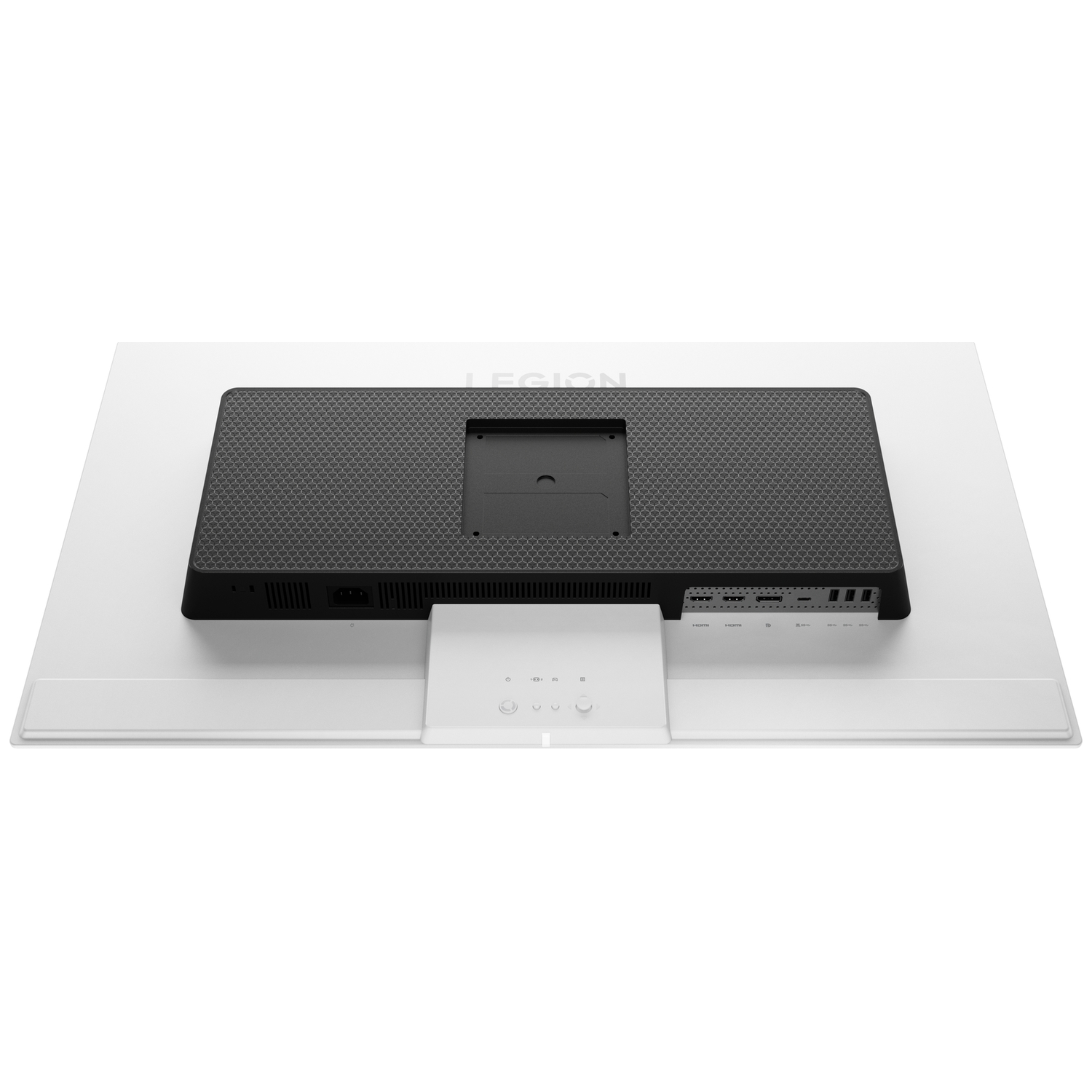 The back of a white monitor with ports and the Legion logo visible.