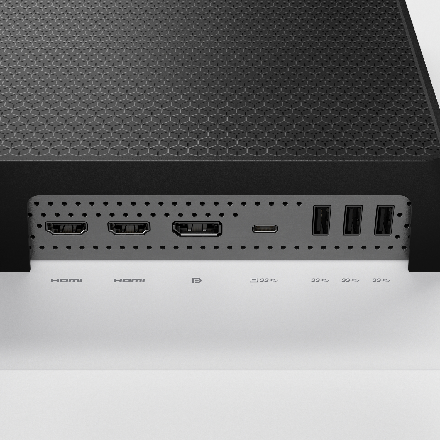 Close up of a black device's ports: 2x HDMI, USB-C, 3x USB-A.