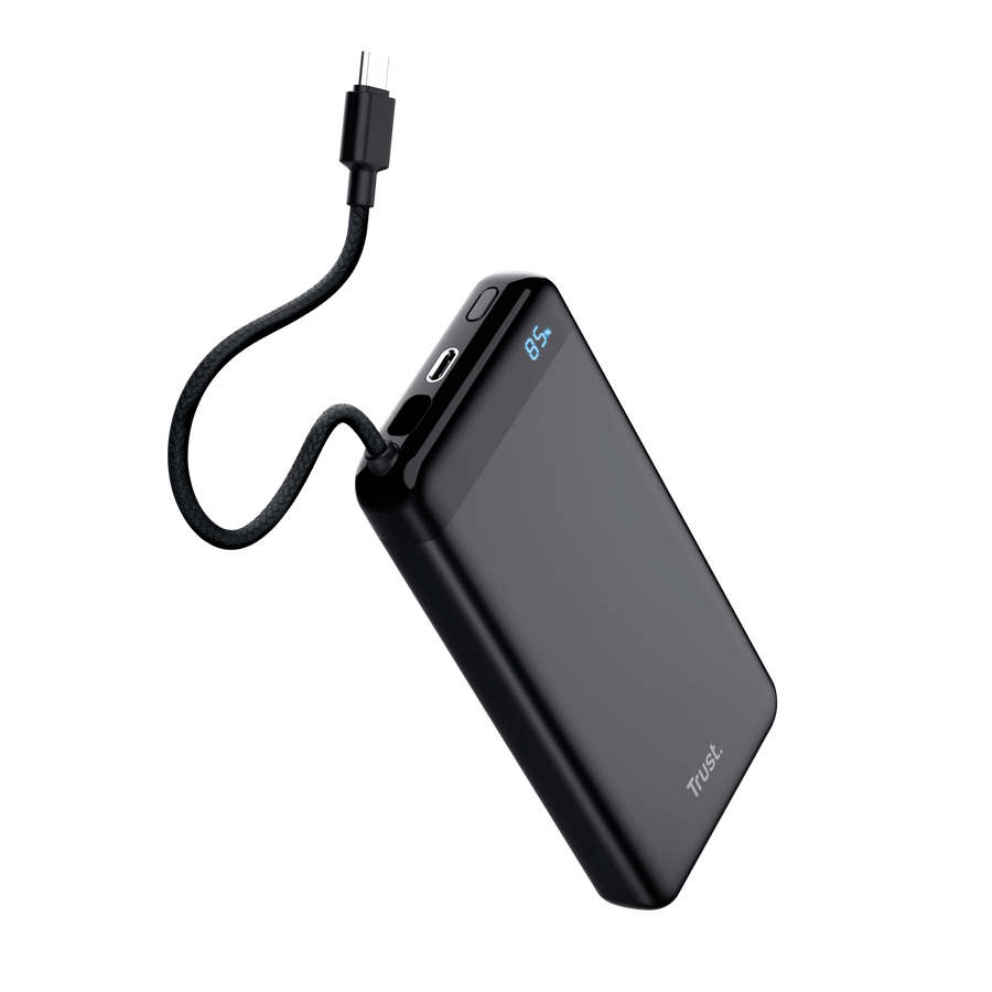 Fekete powerbank USB-C kábellel és 85%-os kijelzővel.