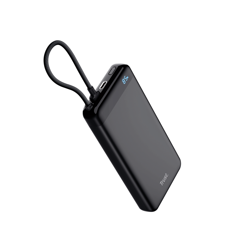 Fekete powerbank kábellel és 85%-os kijelzővel.