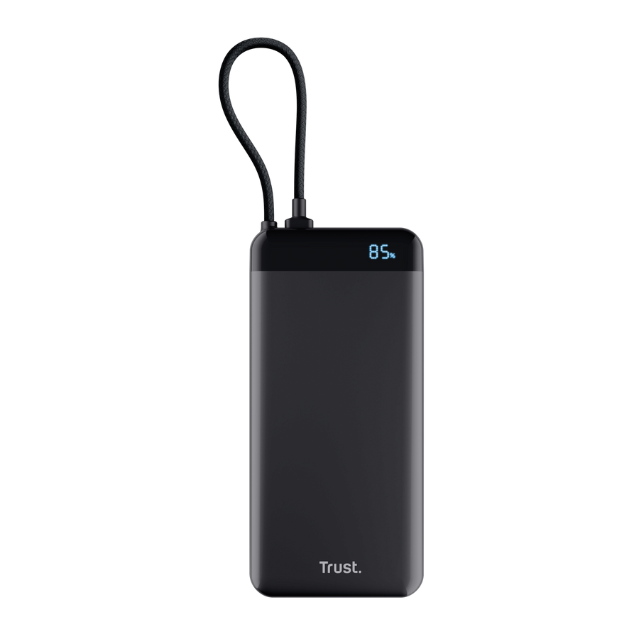 Fekete powerbank zsinórral és 85%-os töltöttségjelzővel.