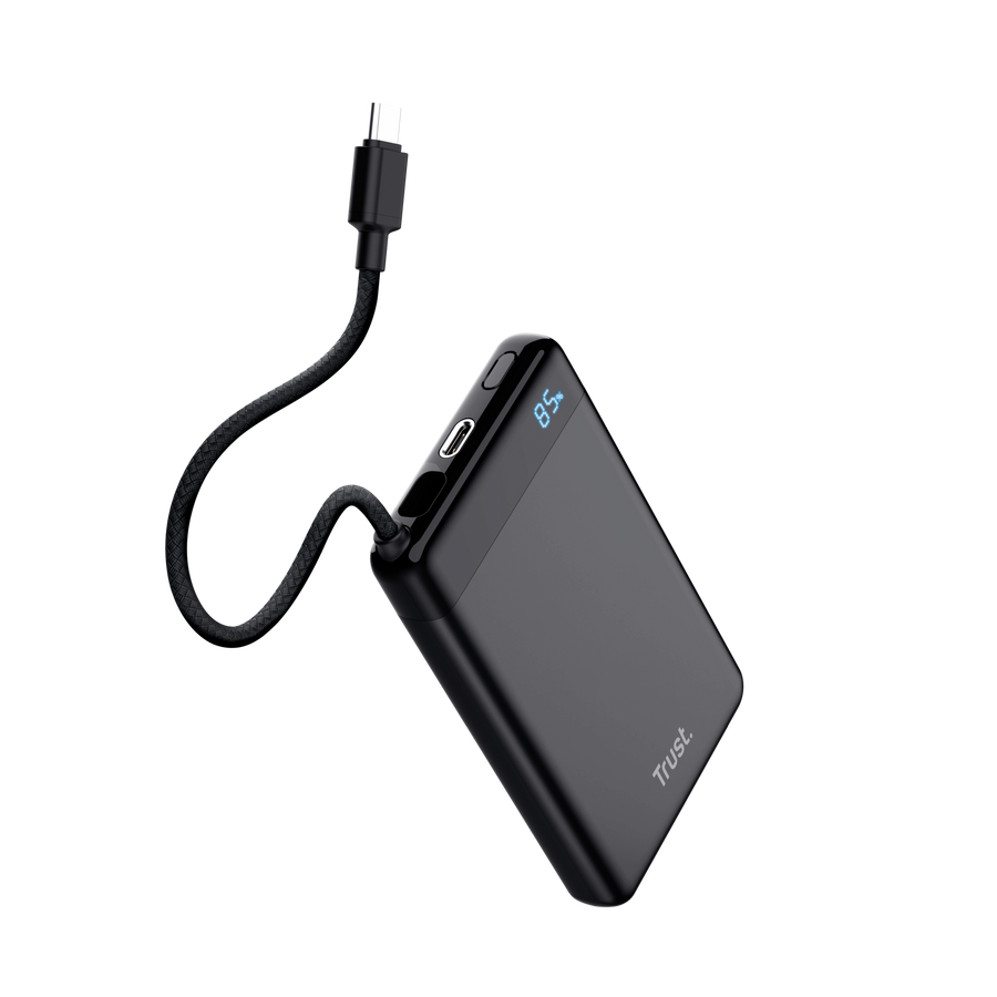 Fekete powerbank USB-C kábellel és 85%-os töltöttségjelzővel.