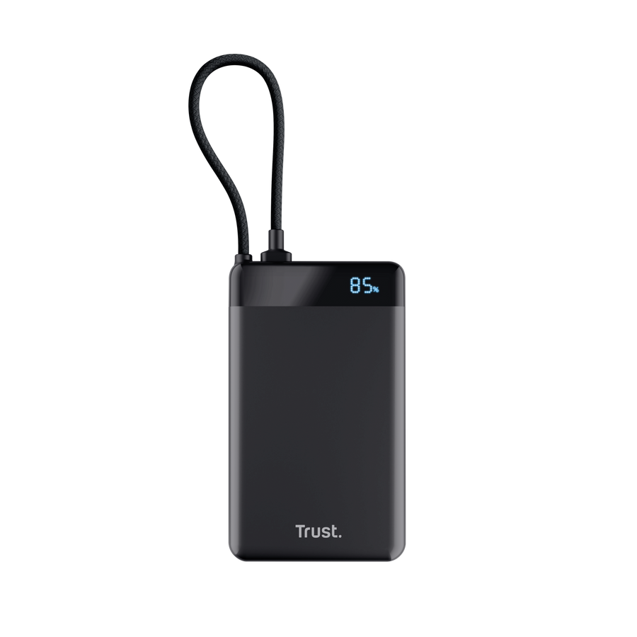 Fekete Trust powerbank 85% töltöttséggel és zsinórral.