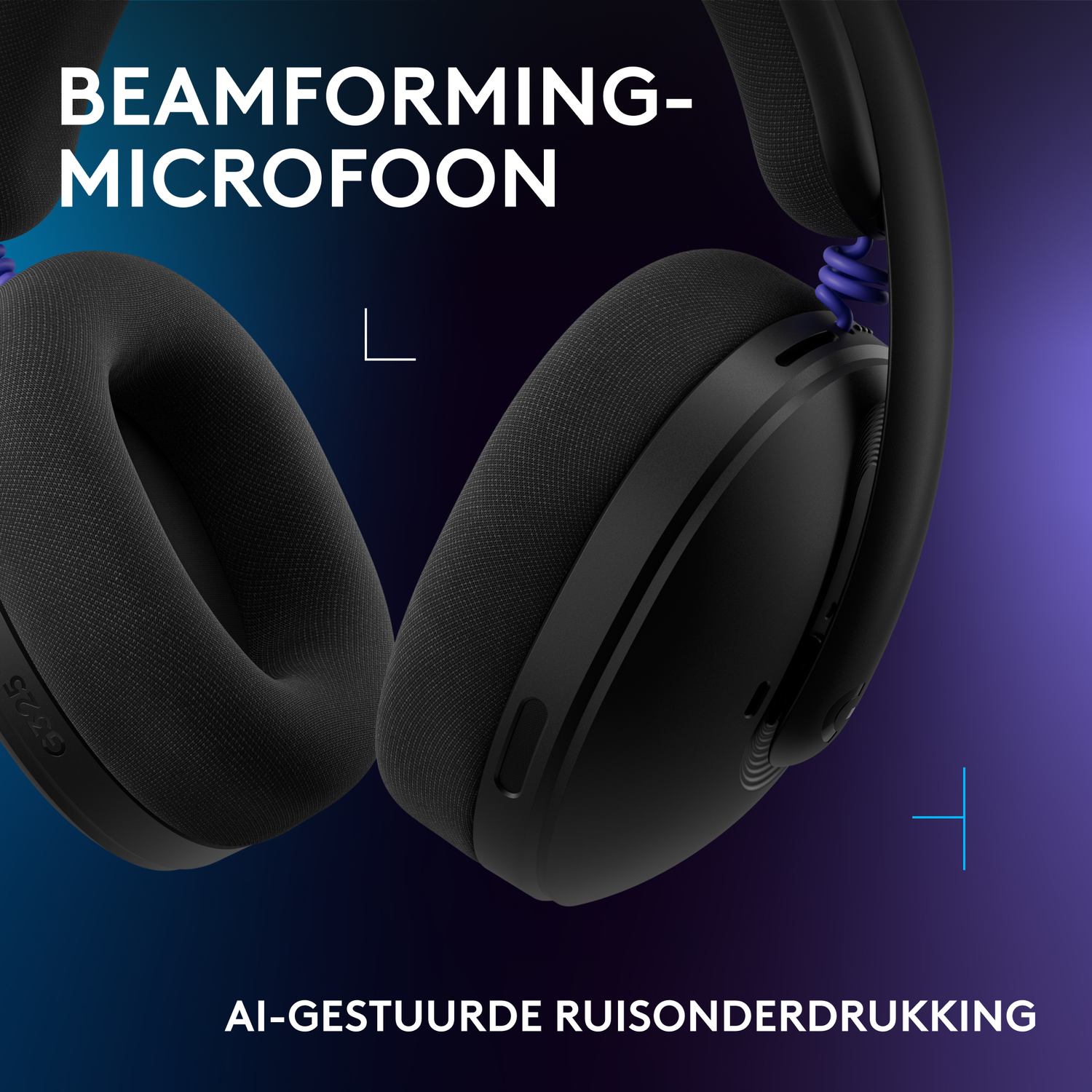 Zwarte koptelefoon met blauw accent en tekst over microfoon en ruisonderdrukking.
