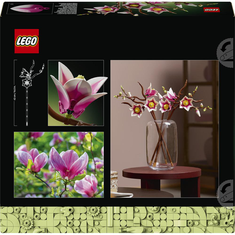 LEGO-Verpackung zeigt Magnolien-Set mit Blüten, Zweigen und Vase.