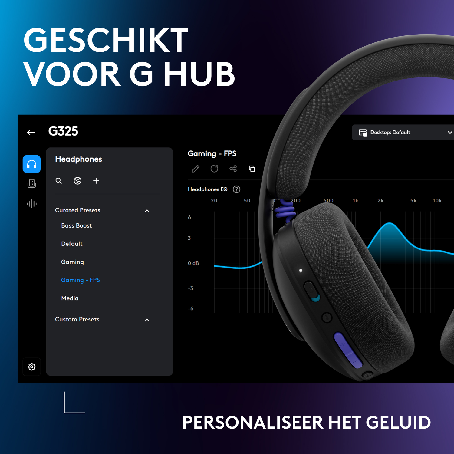 Zwarte koptelefoon met EQ-scherm en G HUB software-interface.