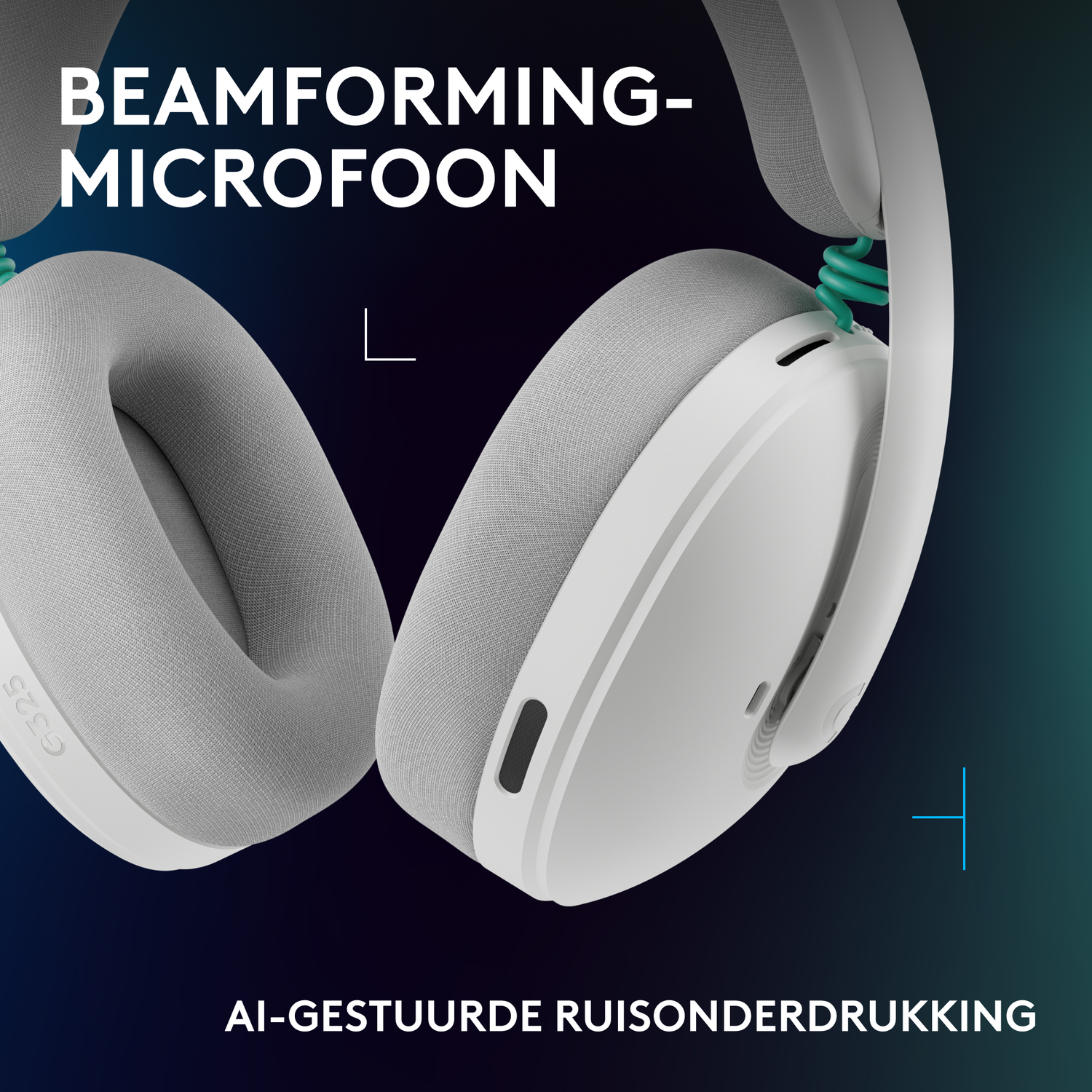 White headphones with green cable detail and text: BEAMFORMING-MICROPHONE