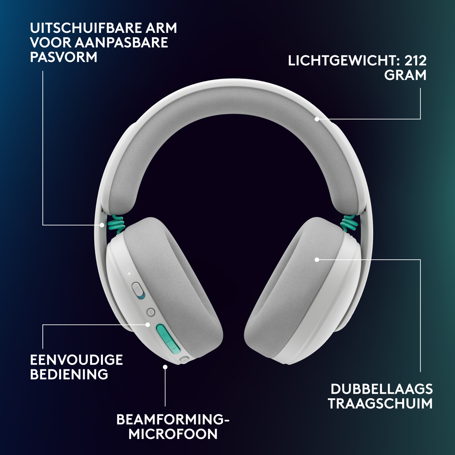 White headphones with teal accents, lightweight and adjustable.