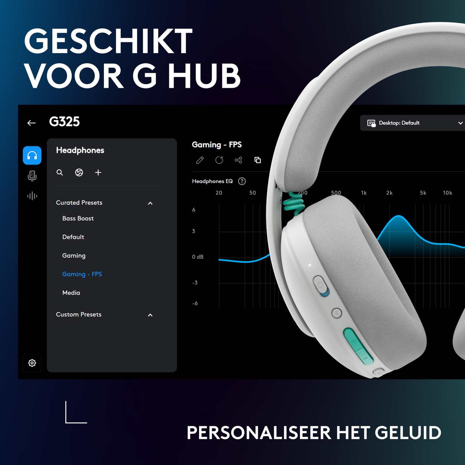 White and gray headphones shown on a dark background, with an EQ display.