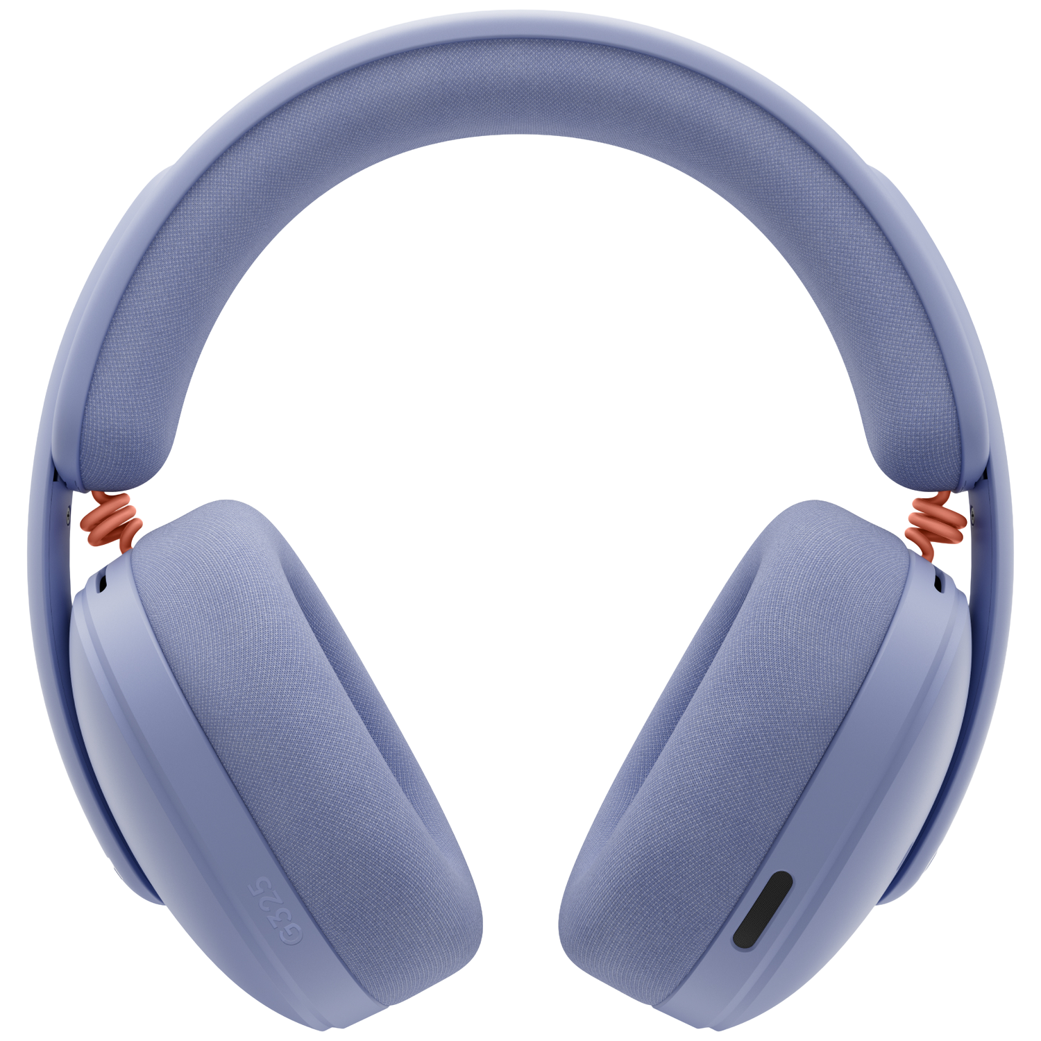 Purple headphones with padded headband and earcups, featuring orange springs.