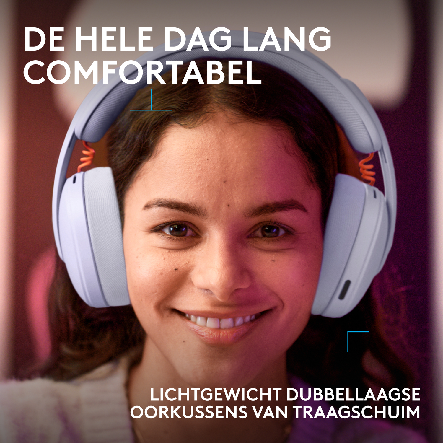 Woman smiling wearing headphones. Blue and orange accents.