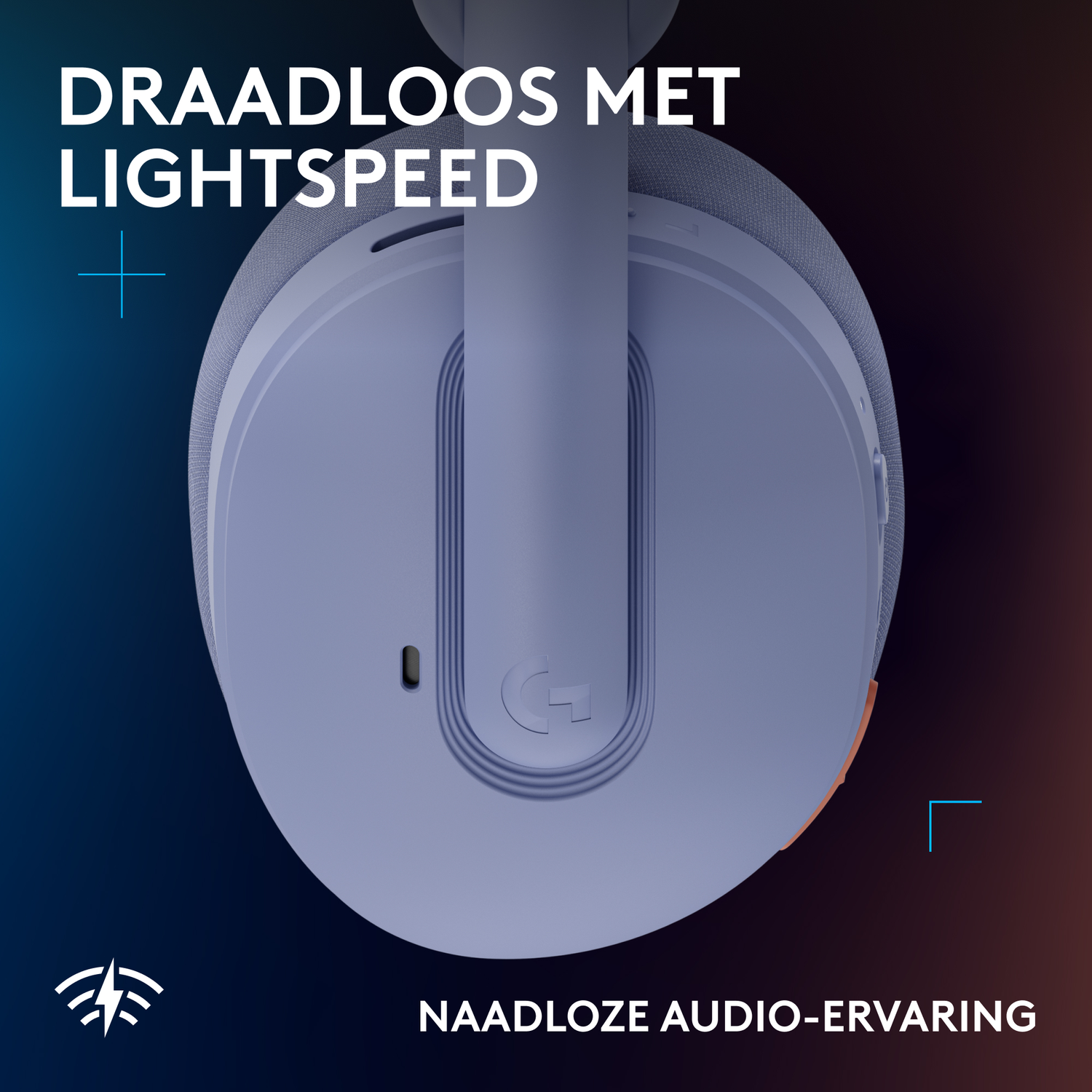A blue headset with text highlighting wireless lightspeed and seamless audio experience.