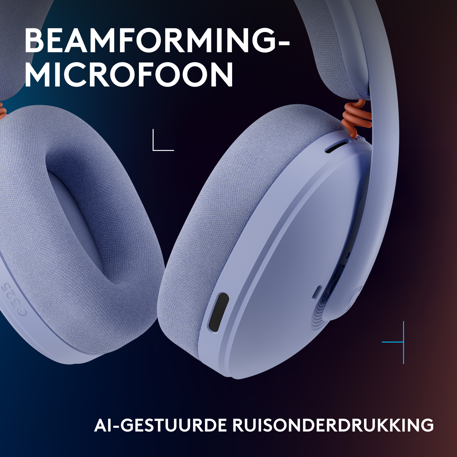 Blue headphones with microphone and text 'Beamforming Microphone'.