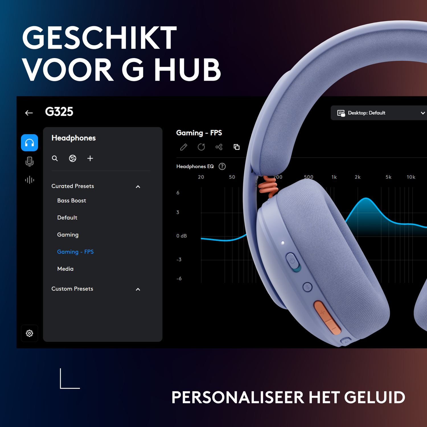 A purple headset shown with EQ settings on screen displaying 'Gaming - FPS'.