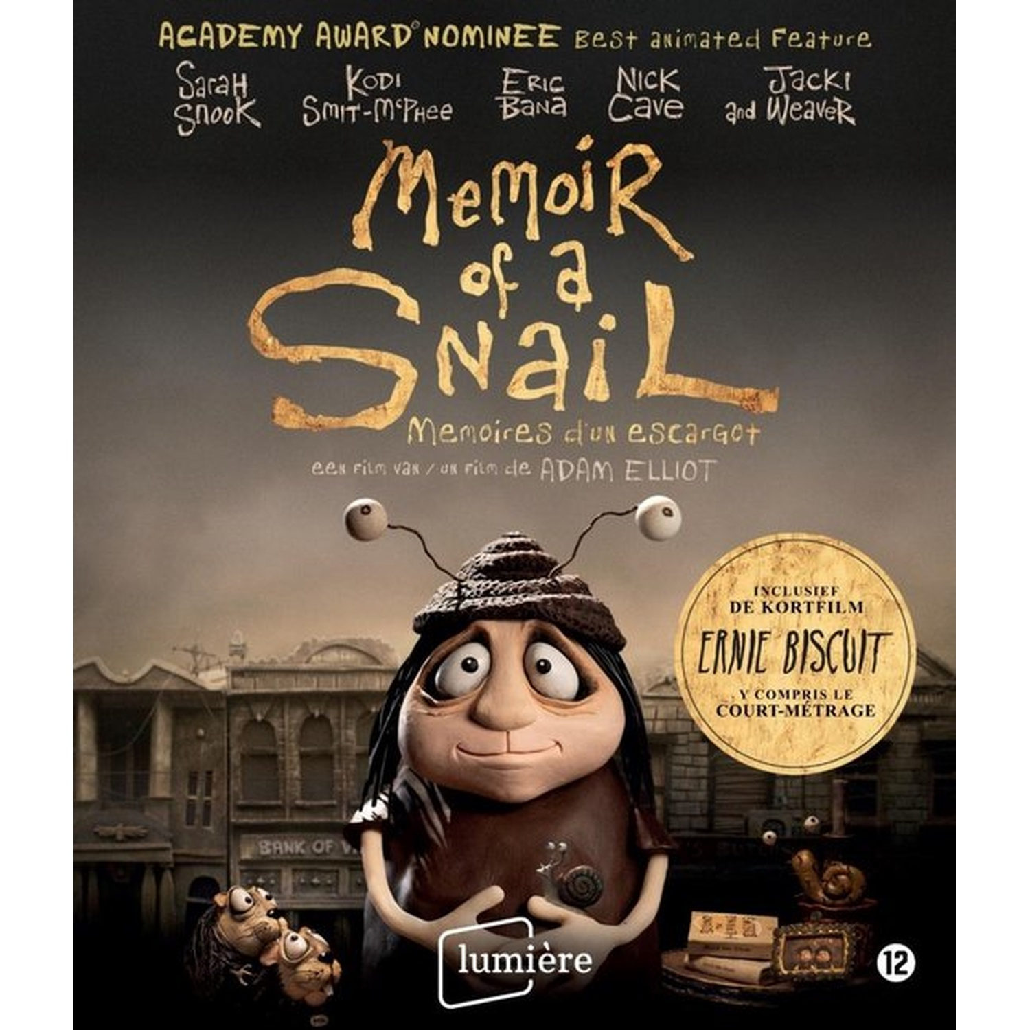 Film affiche 'Memoir of a Snail' met stop-motion karakters en stadsgezicht.