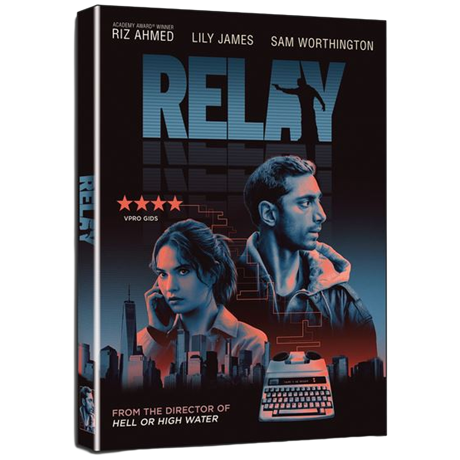 Film poster met Riz Ahmed en Lily James, een vrouw aan de telefoon.