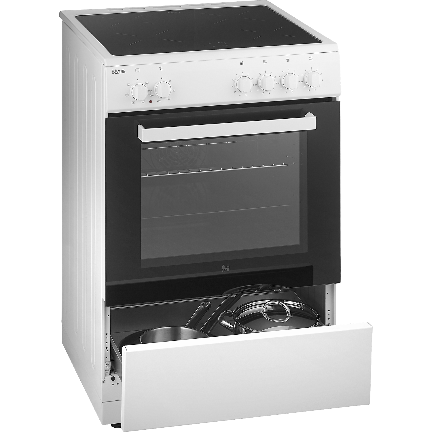 A white stove with a cooktop and oven, open drawer below with cookware inside.