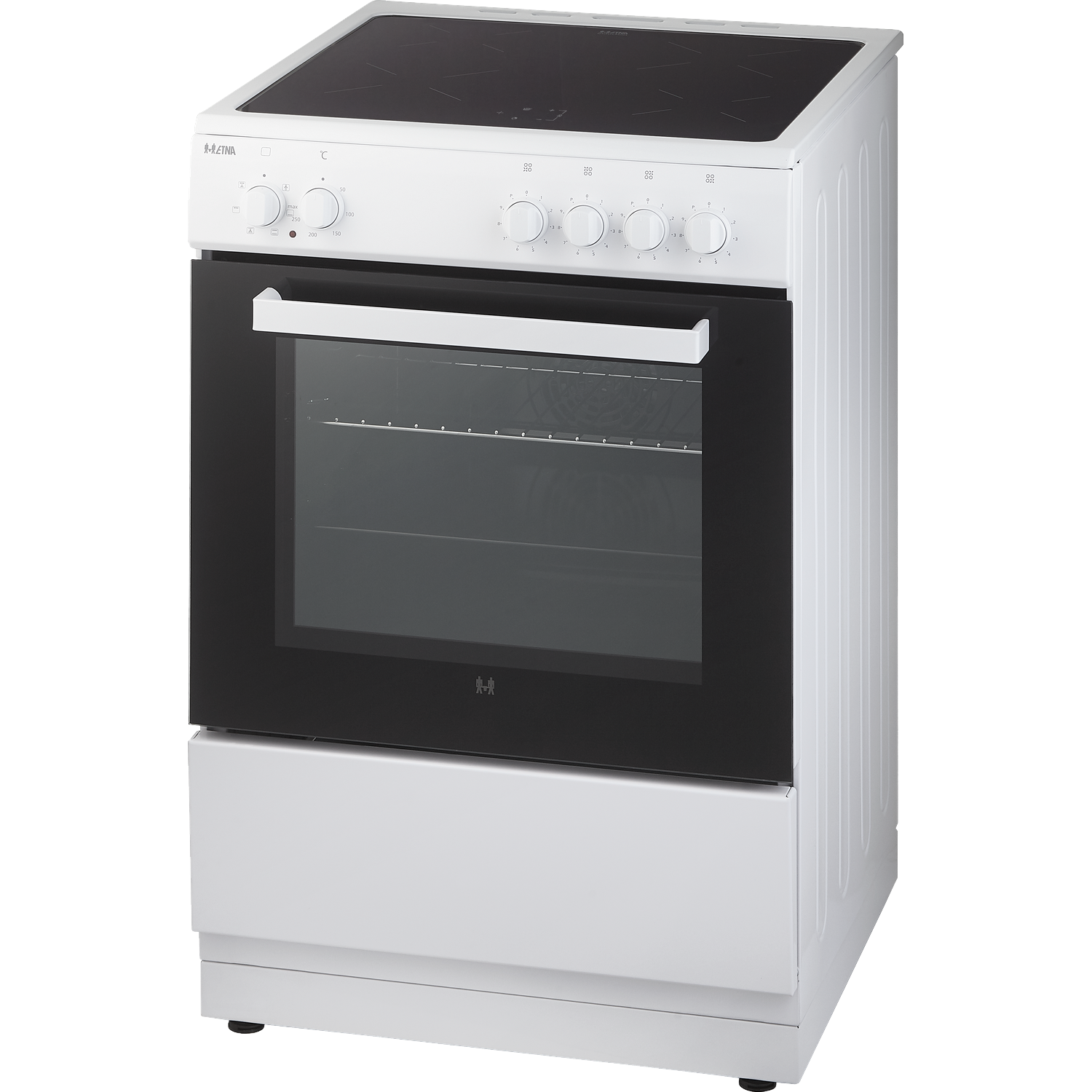 A white freestanding oven with a ceramic hob and a black glass oven door.