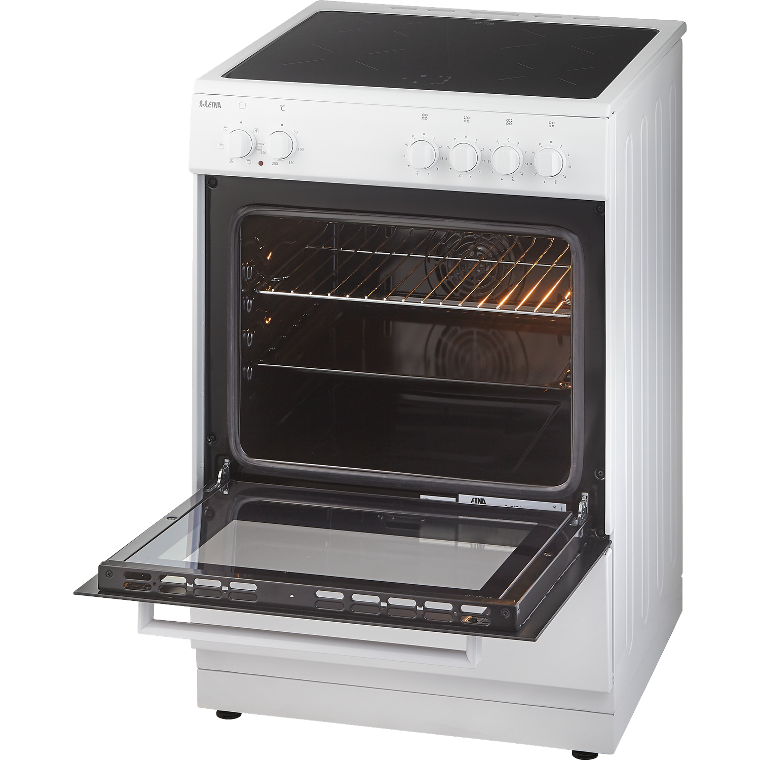 A white stove with an open oven door and stovetop burners.