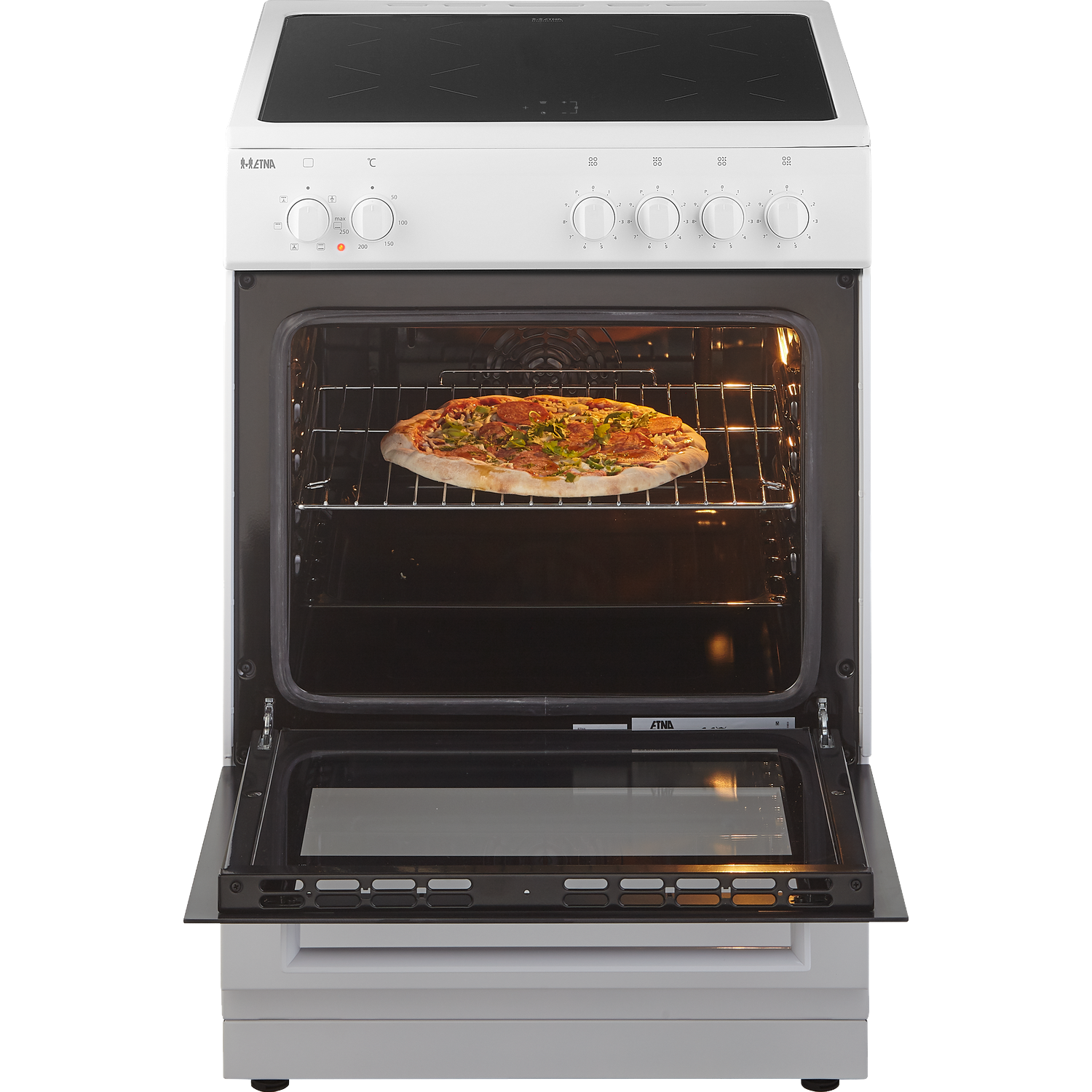 A pizza with toppings bakes in a white oven with its door open.