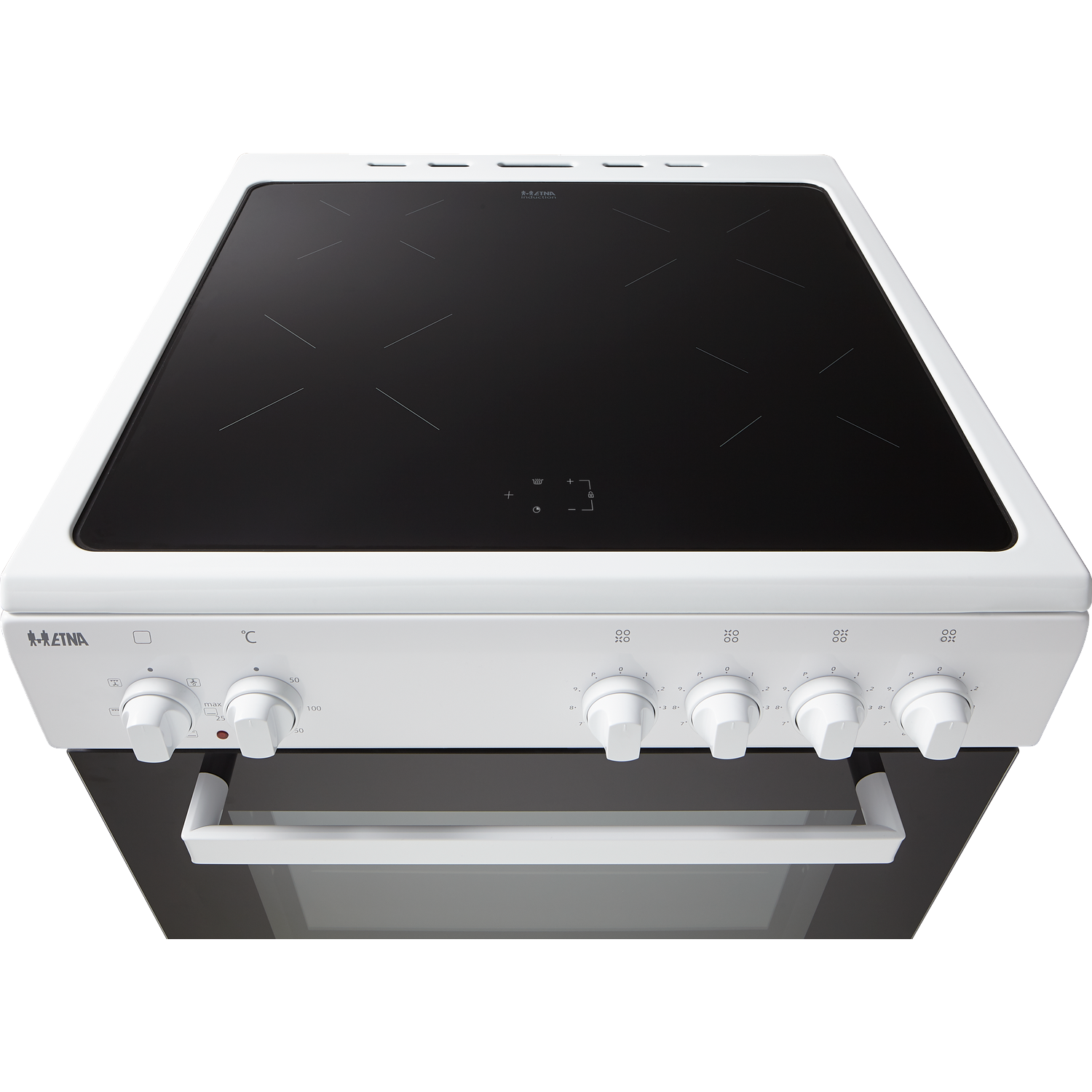 A white induction stove with a black cooktop and control knobs.