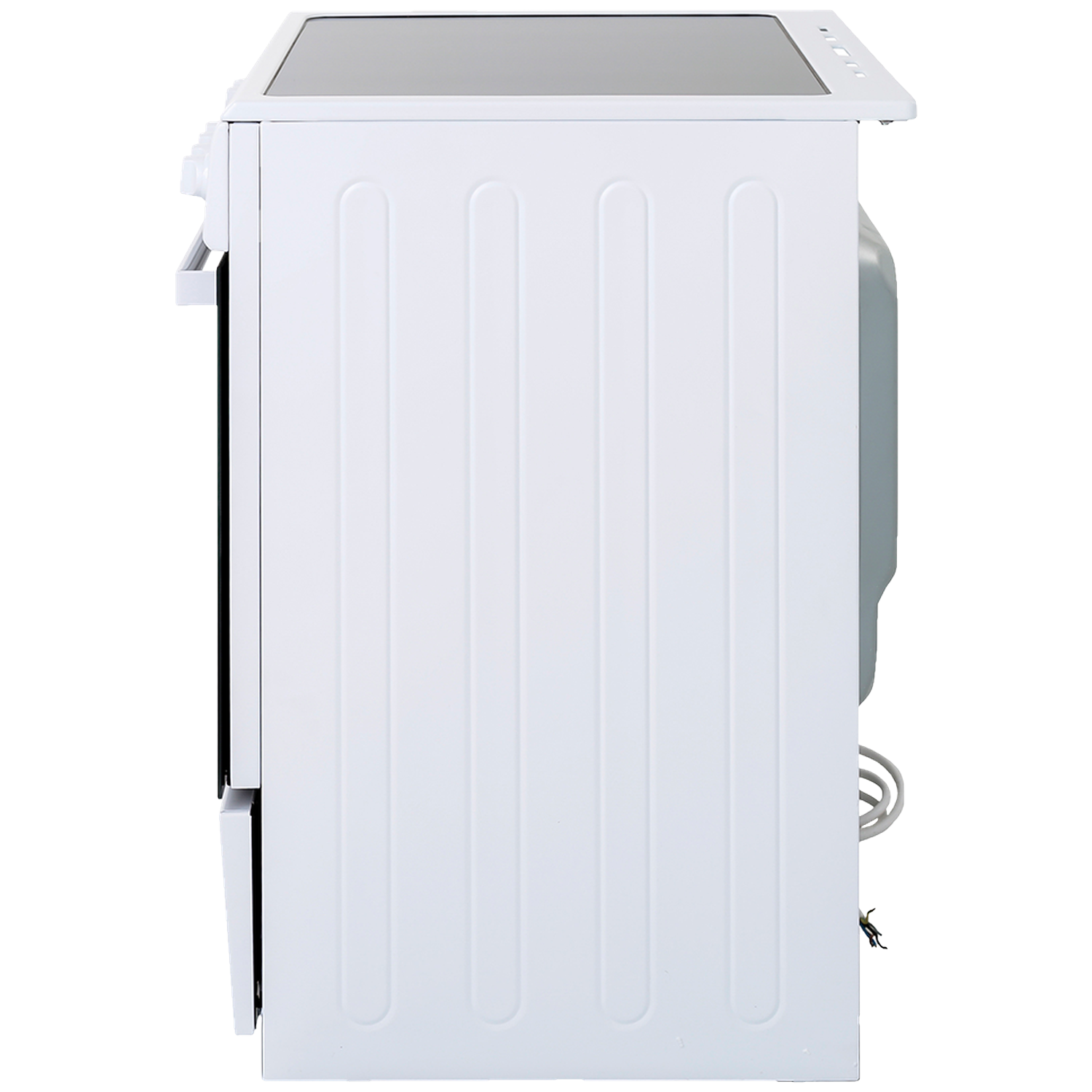 White stove from the side, showing hob and handle.