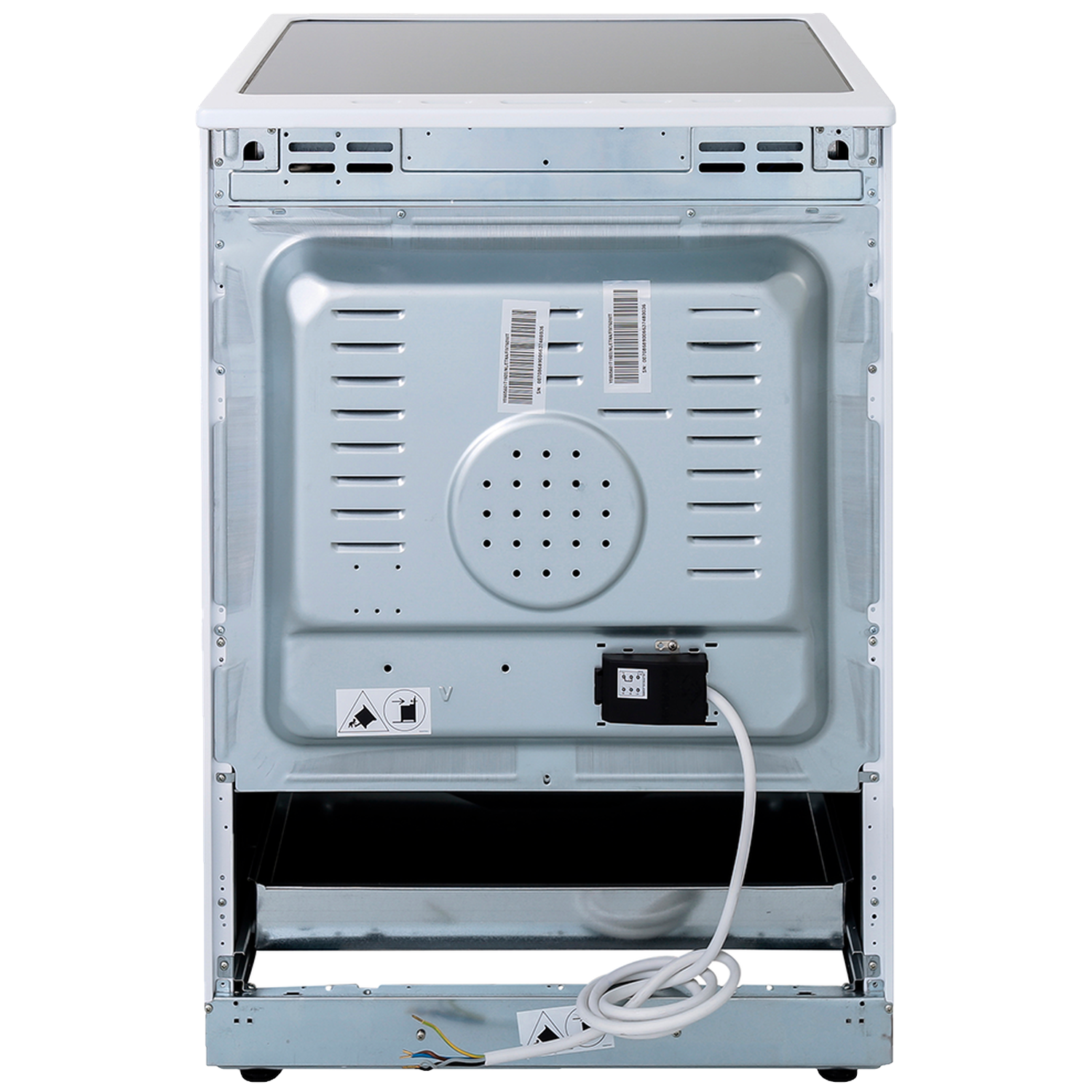 Back of a white stove with power cord and ventilation slots.