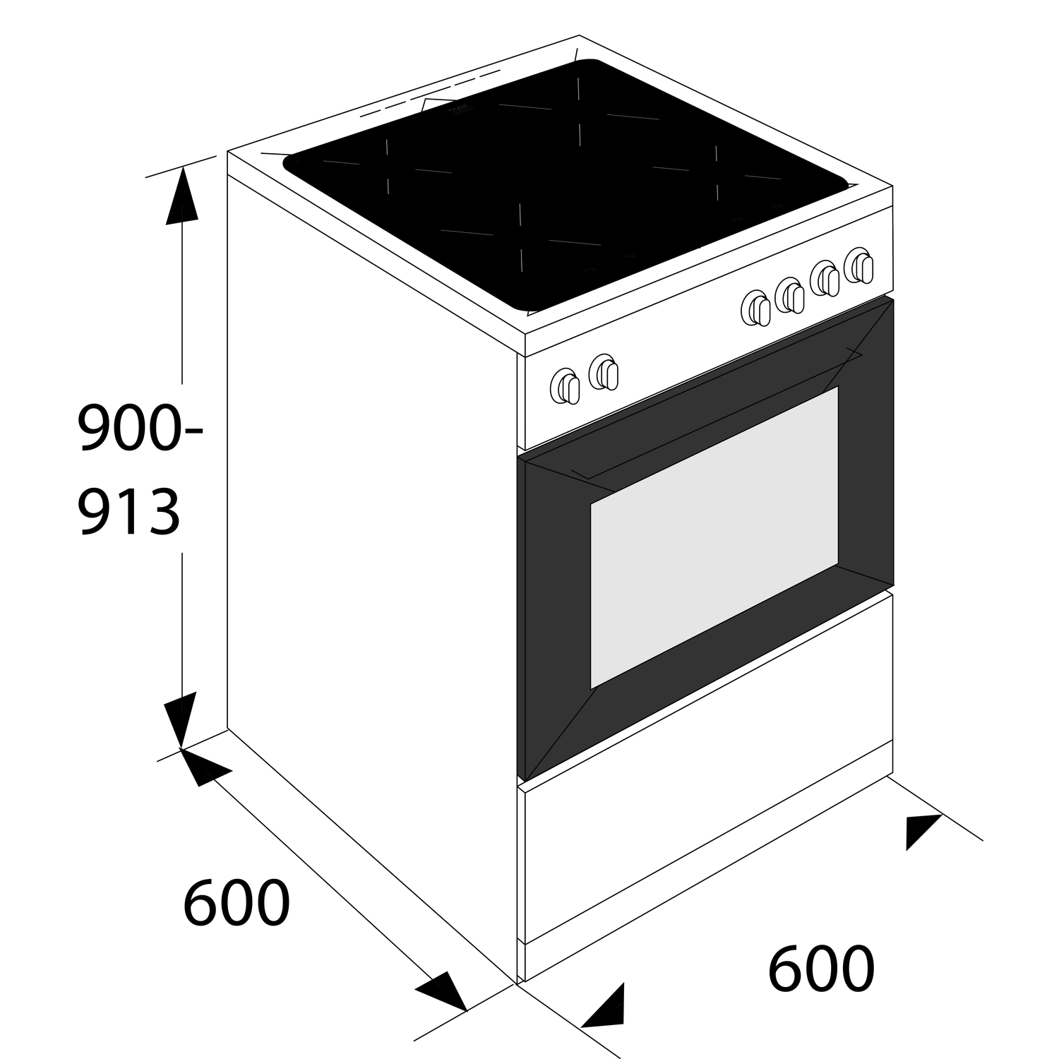 Technical drawing of a white stove with a black cooktop and oven door.