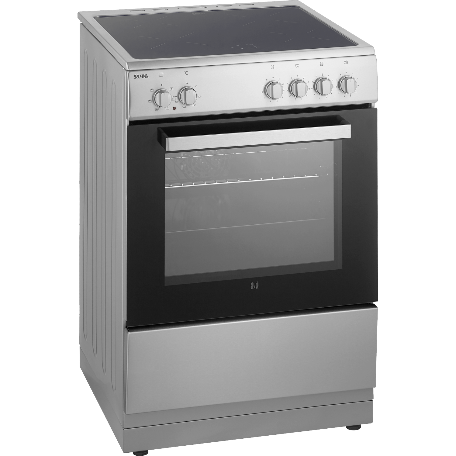 A silver electric stove with a ceramic glass cooktop and oven door.