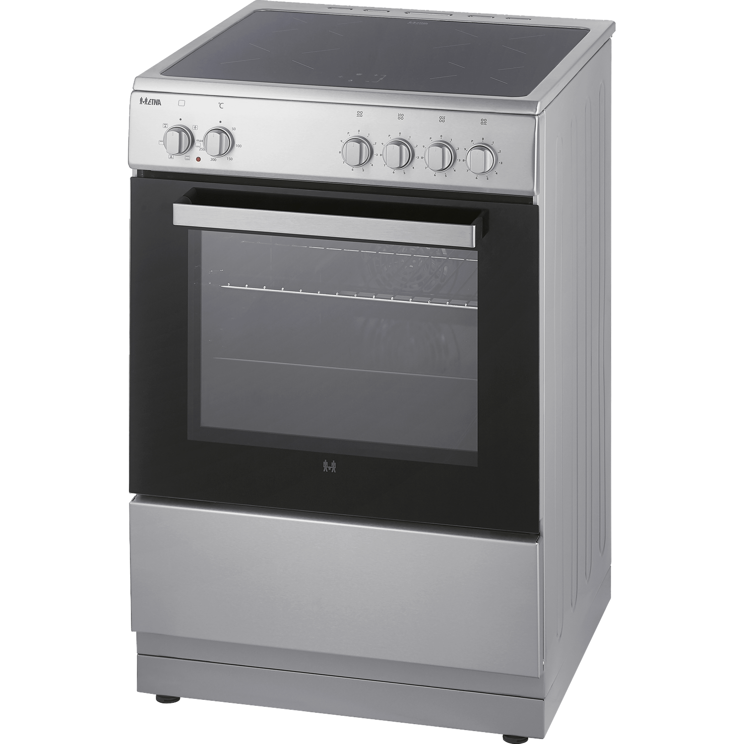 A silver electric stove with a glass-ceramic hob and a black oven door.