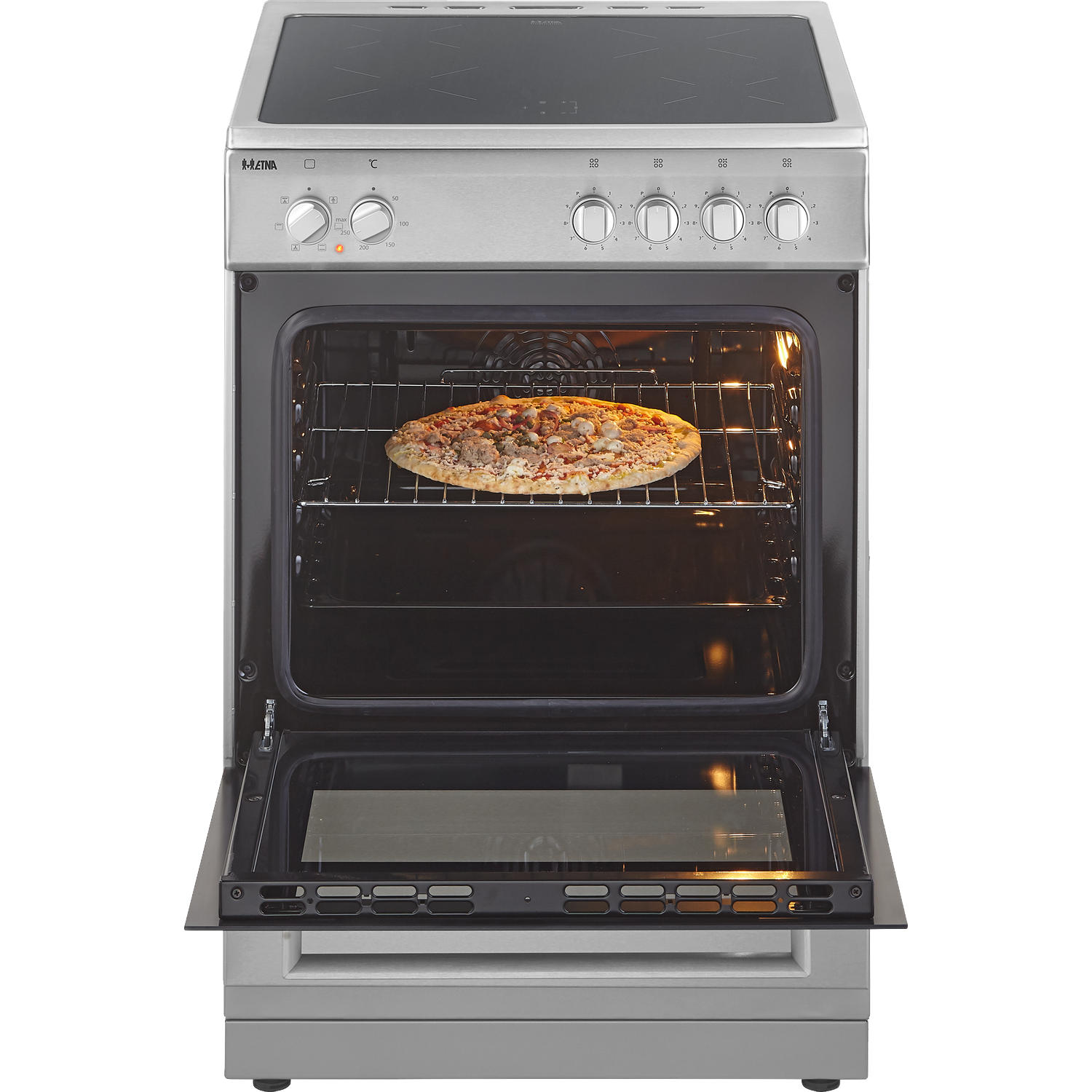 A round pizza in an oven on a rack, with the oven door open.