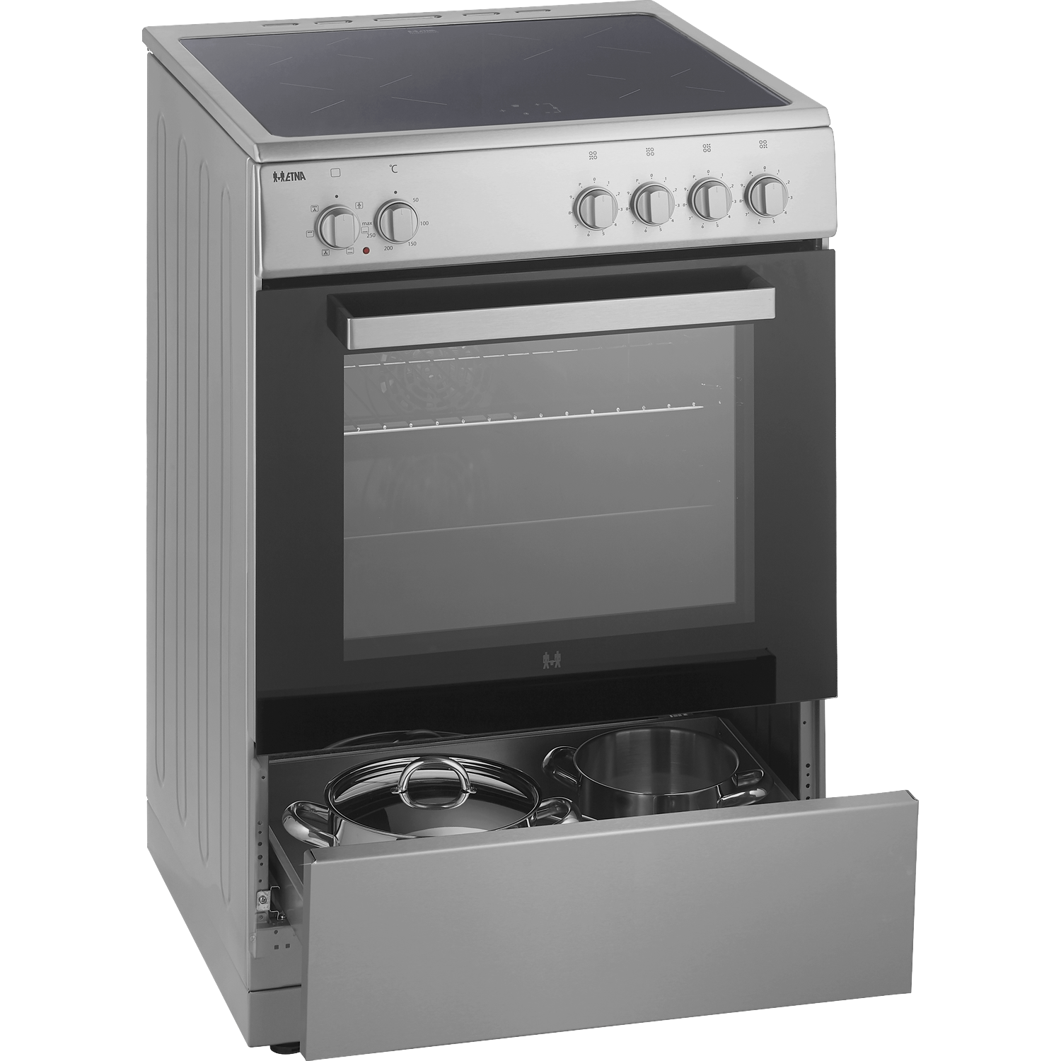 Silver electric stove with ceramic hob, oven door, and open drawer with pots.