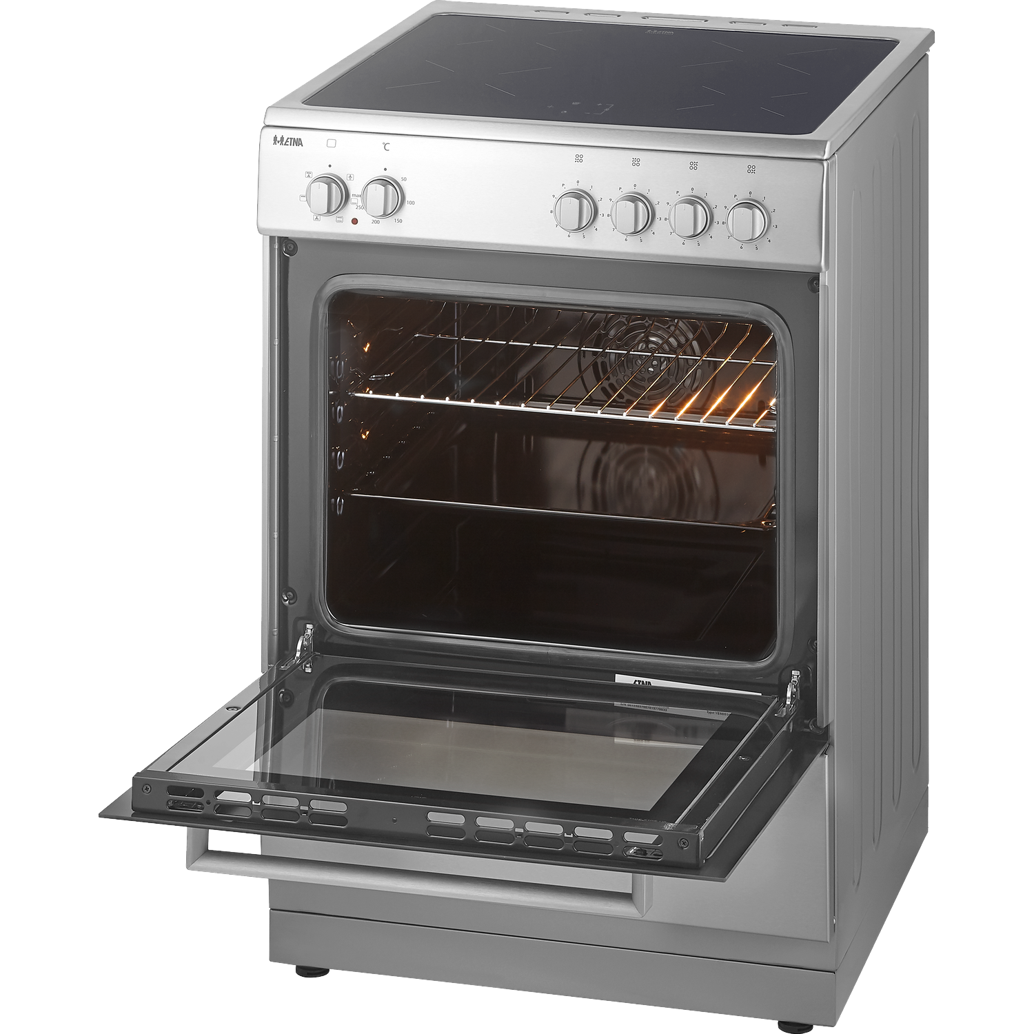 A silver oven with an open door and a stovetop. Interior heating elements are lit.