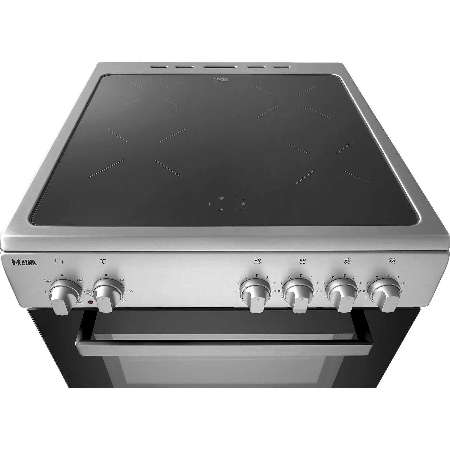 Modern stainless steel cooker with ceramic glass hob and oven door.