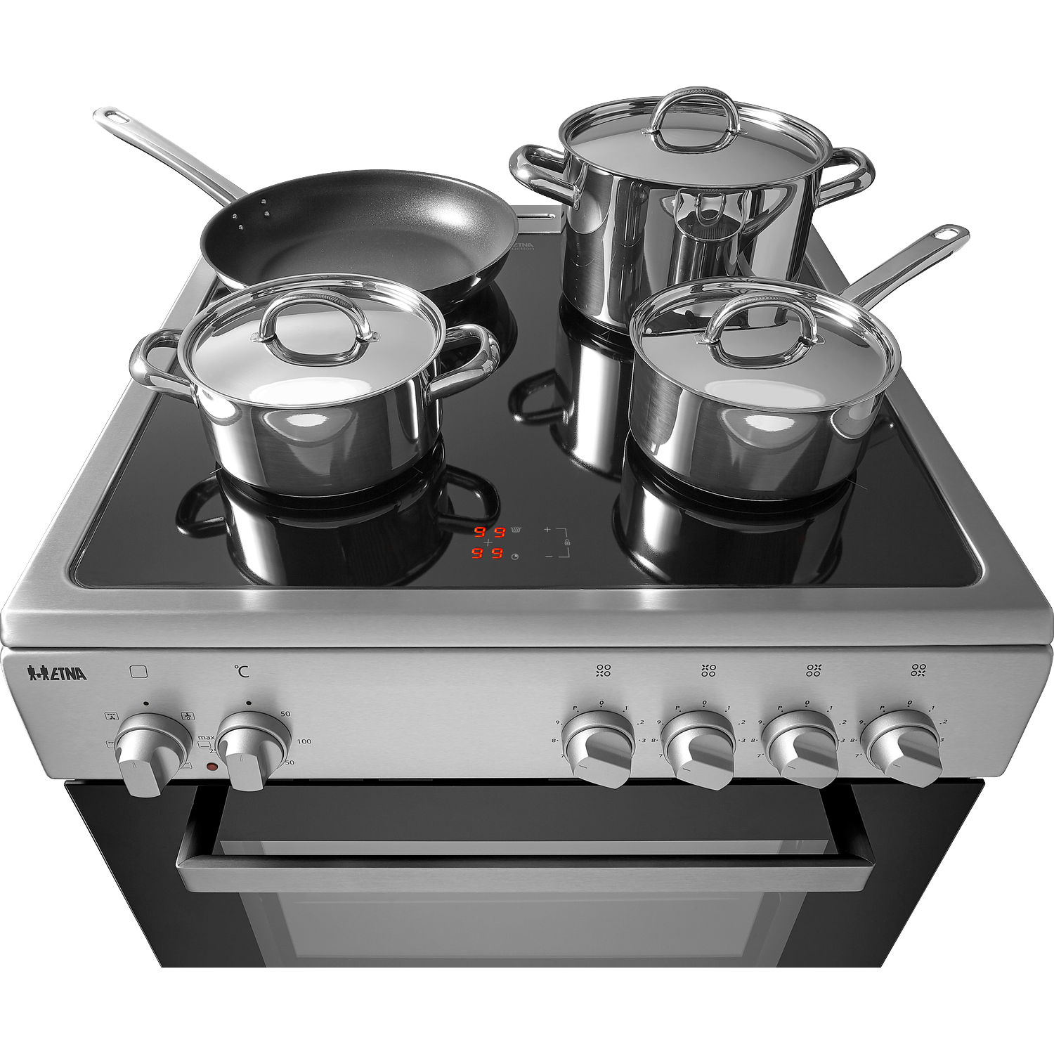 Stainless steel pots and a pan on an induction hob with controls.